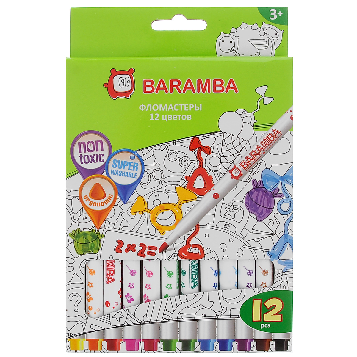 Набор фломастеров Baramba, 12 цветовB80712 Набор фломастеров Baramba, 12 цветовB80712Фломастеры Baramba откроют юным художникам новые горизонты для творчества, а также помогут отлично развить мелкую моторику рук, цветовое восприятие, фантазию и воображение. Фломастеры на водной основе не токсичны и не содержат спирта. Фломастеры ярких насыщенных цветов легко отмываются от кожи рук теплой водой с мылом. Чернила без запаха не высыхают без колпачка более 5 недель! Комплект включает 12 фломастеров ярких насыщенных цветов.Не рекомендуется детям до 3-х лет.