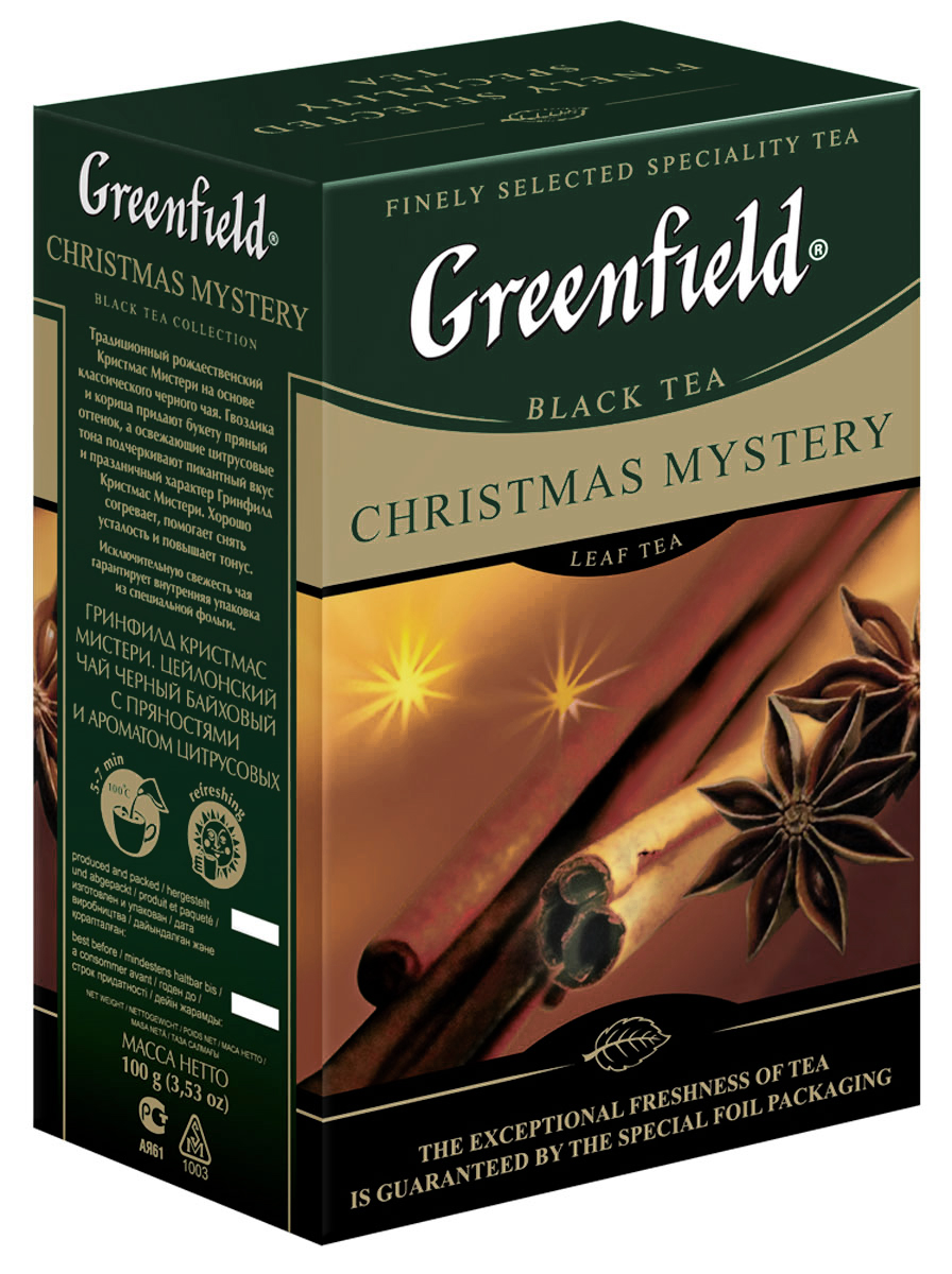 Greenfield Christmas Mystery черный листовой чай, 100 г0716-15 Greenfield Christmas Mystery черный листовой чай, 100 г0716-15Greenfield Christmas Mystery - традиционный английский рождественский чай, которыйсоздан на основе черного цейлонского чая с плантаций Ува с добавлением гвоздики, корицы, цитрусовых и сушеных яблок. Пряности придают напитку дополнительный тонизирующий и согревающий эффект, своеобразный вкус и теплый аромат, очень пикантный и праздничный. Кроме того, корица и гвоздика содержат вещества, которые снижают усталость и повышают тонус, что важно зимой, когда мало солнца, тепла, и многие из нас испытывают снижение эмоционального и физического тонуса. Идеальный вечерний напиток, создает атмосферу домашнего уюта и предвкушение праздника.