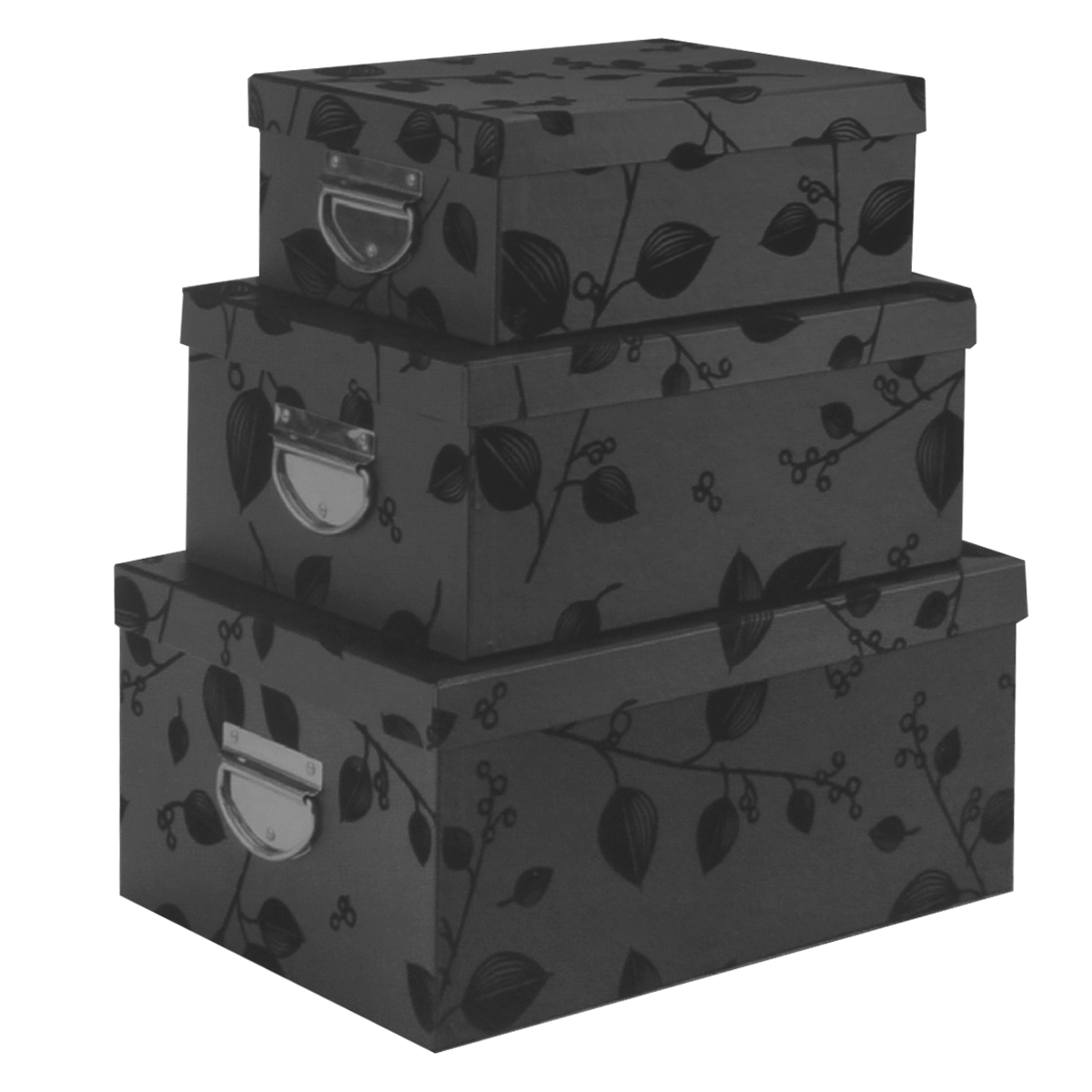 Набор коробок для хранения Тайны ночи, цвет: черный, 3 штLS-8140 (S/3)BLACK Набор коробок для хранения Тайны ночи, цвет: черный, 3 штLS-8140 (S/3)BLACKКофры для хранения Тайны ночи прекрасно подойдут для гардероба, хранения личных вещей, нижнего белья, различных аксессуаров, а также бытовых предметов или принадлежностей для шитья. В комплекте 3 прямоугольных кофра разного размера, с крышками. Изделия выполнены из плотного картона, внешняя поверхность оформлена растительным орнаментом с бархатистой текстурой. Сбоку имеется металлическая ручка, которая позволяет использовать их в качестве выдвижных ящиков. Размер малого кофра: 25 см х 20 см х 10 см. Размер среднего кофра: 30 см х 23 см х 13 см. Размер большого кофра: 35 см х 26 см х 16 см.