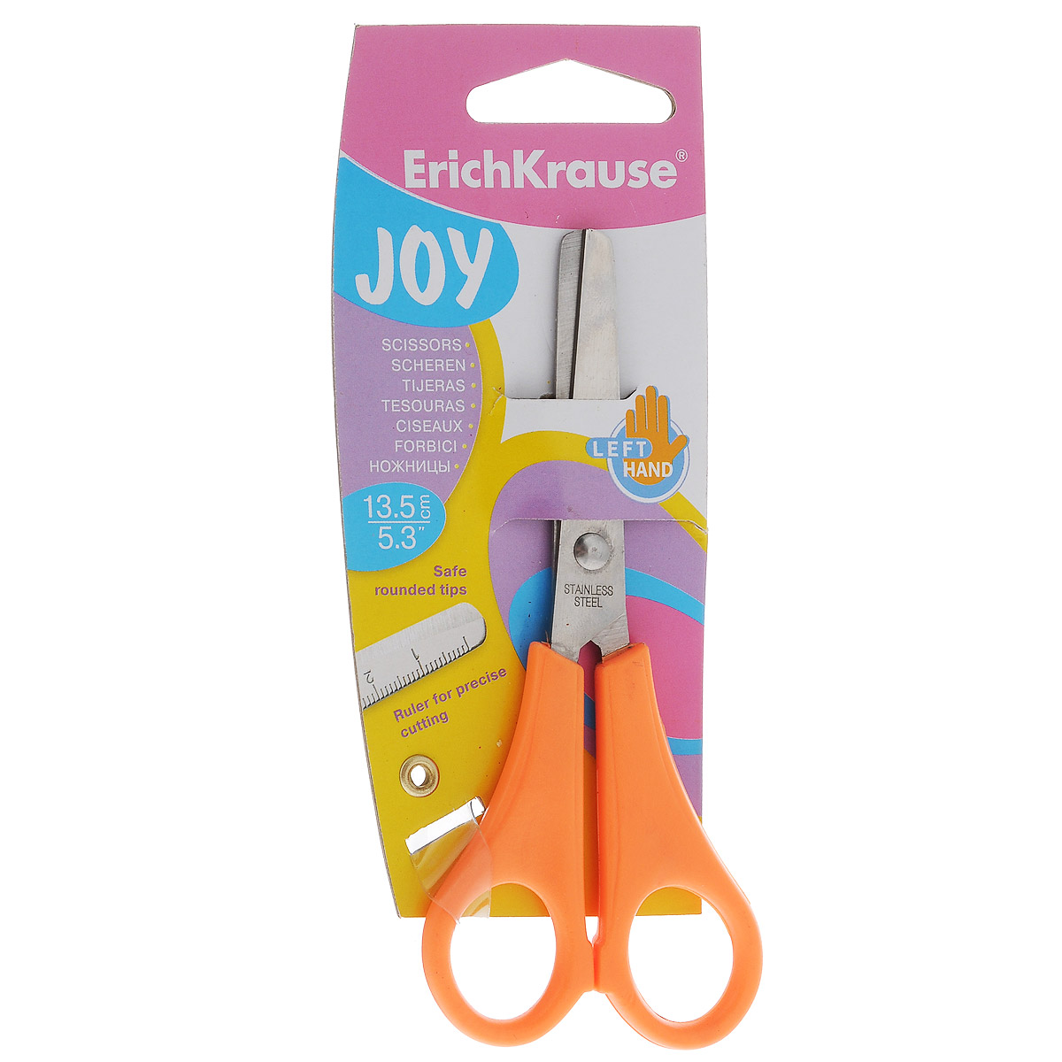 Ножницы Erich Krause Joy, для левшей, цвет: оранжевый, 13,5 см30790 Ножницы Erich Krause Joy, для левшей, цвет: оранжевый, 13,5 см30790Ножницы Erich Krause Joy идеально подойдут для использования в офисе и дома. Лезвия выполнены из высококачественной нержавеющей стали. Прочные пластиковые ручки гарантируют комфорт и надежность во время работы.Ножницы полностью адаптированы для левшей. Благодаря перевернутым лезвиям легко режут бумагу при работе именно левой рукой, не мнут ее. Ножницы имеют закругленные концы лезвий, которые обеспечивают безопасность работы. Для точности резки на лезвия нанесена линейка. Длина ножниц: 13,5 см.Длина лезвий: 4,5 см.