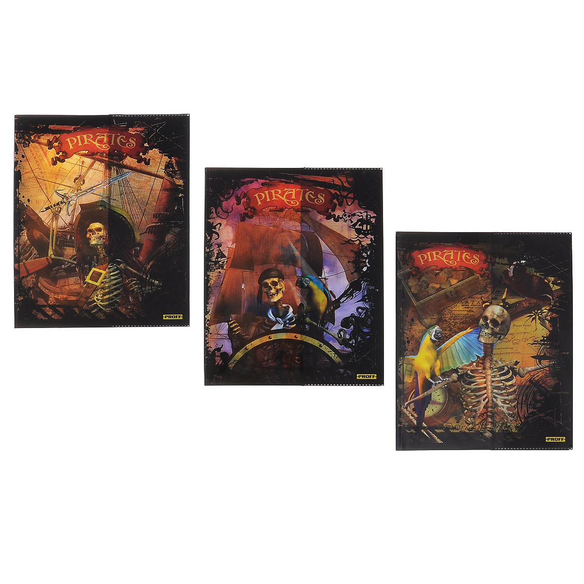 Обложка для тетрадей и дневников Proff Pirates, 3 штBSL_ROZ_Pirates Обложка для тетрадей и дневников Proff Pirates, 3 штBSL_ROZ_PiratesОбложка Proff Pirates, выполненная из ПВХ, защитит дневник и тетради вашего ребенка от загрязнений на всем протяжении их использования.Лицевая сторона обложки оформлена изображением пиратского корабля и моряка-скелета. В комплект входят 3 обложки с разными рисунками.