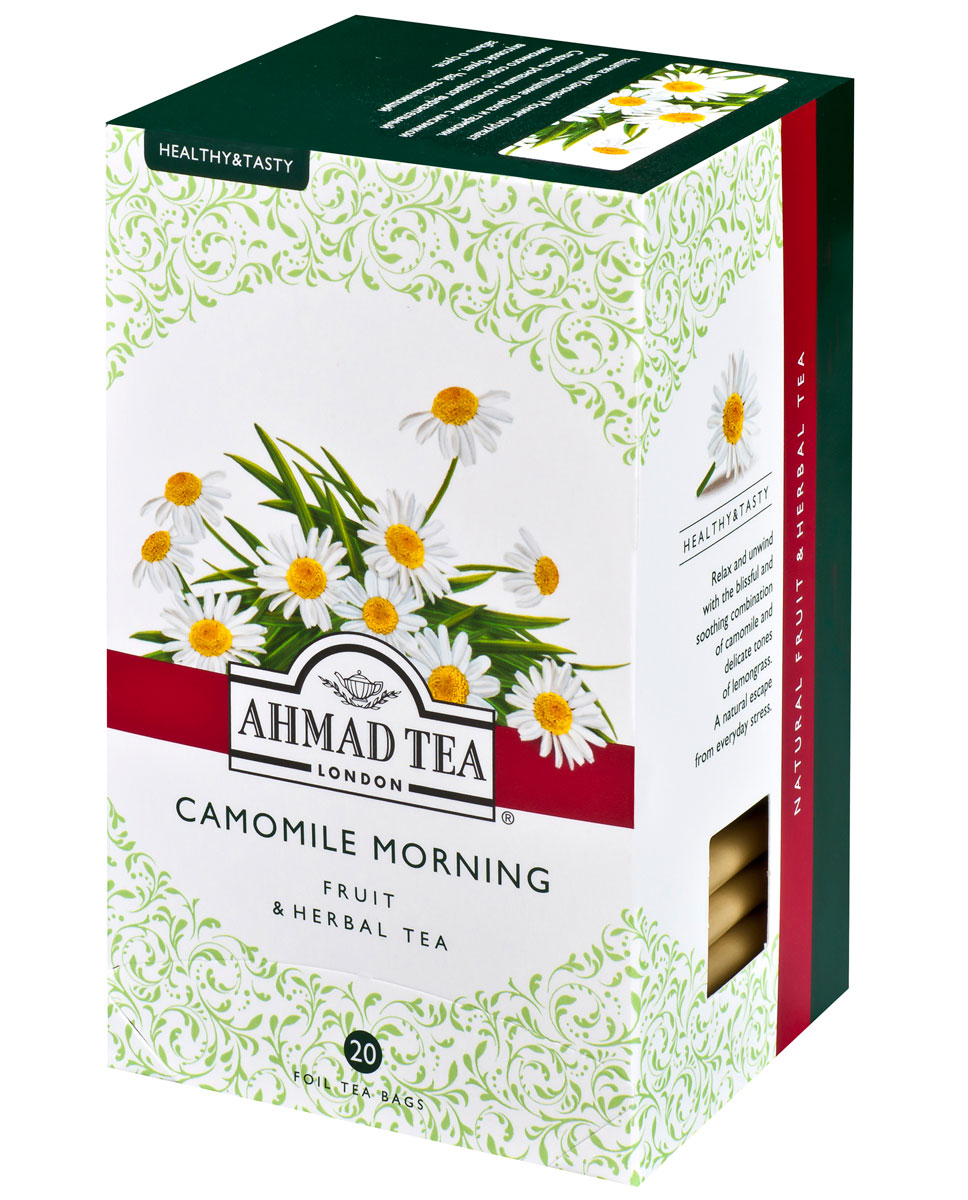 Ahmad Tea Camomile Morning травяной чай в фольгированных пакетиках, 20 шт1163 Ahmad Tea Camomile Morning травяной чай в фольгированных пакетиках, 20 шт1163Чашечка чая Камомайл Монинг погружает в приятное ощущение отдыха и гармонии. Сладость ромашки в сочетании с кислинкой лимонного сорго создают выразительный вкусовой букет. Чай, заставляющий забыть о суете.