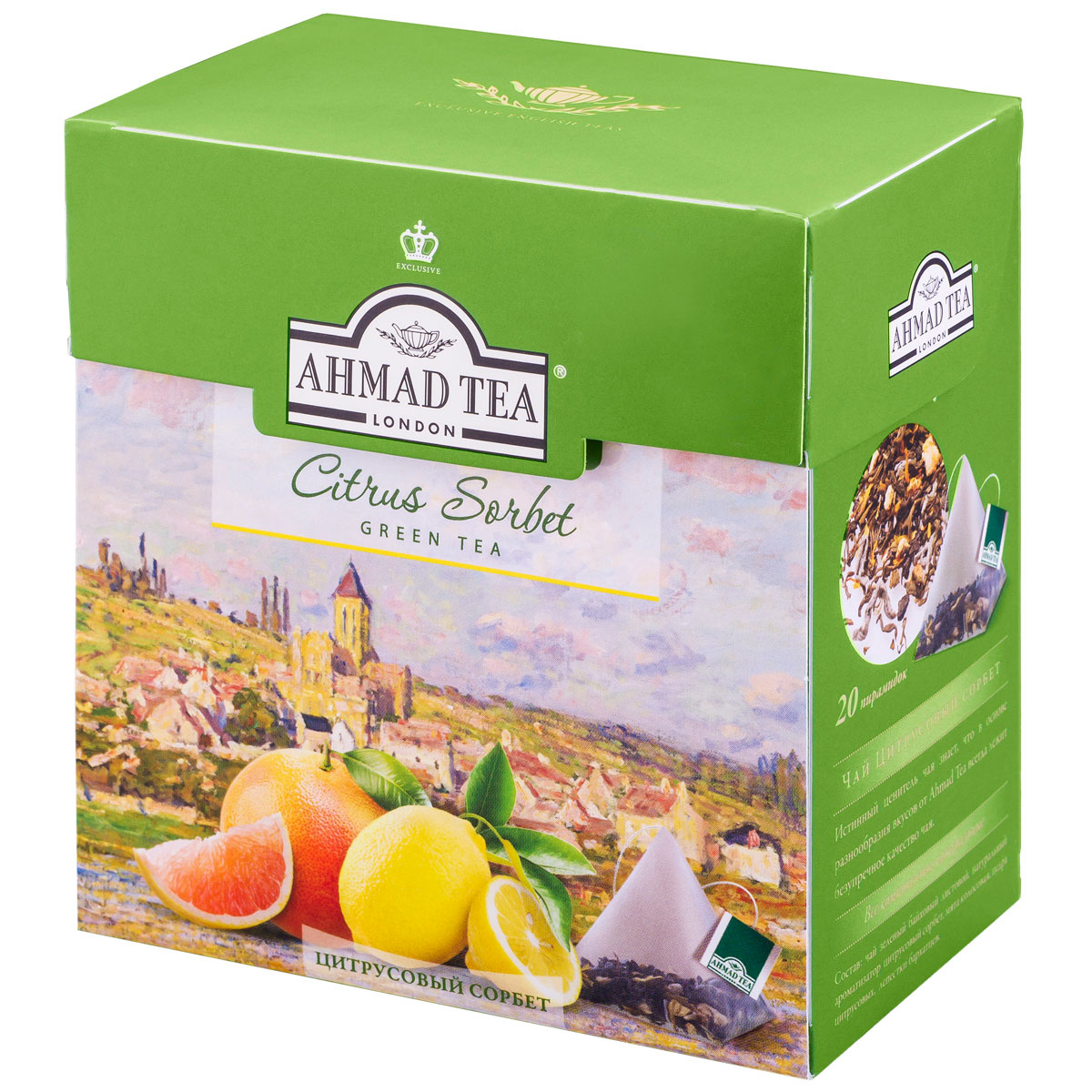 Ahmad Tea Citrus Sorbet зеленый чай в пирамидках, 20 шт1239 Ahmad Tea Citrus Sorbet зеленый чай в пирамидках, 20 шт1239Ahmad Tea Citrus Sorbet - изысканный, сложный букет, в котором вкус утонченного зеленого чая становится особенно выразителен в обрамлении грейпфрутовых и лимонно-мятных нот.Заваривать 4-6 минут, температура воды 90°.