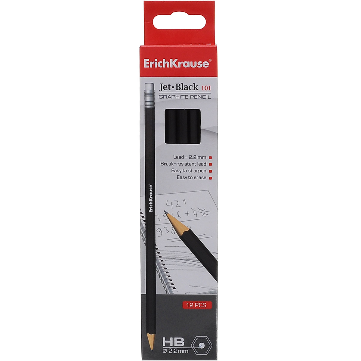 Карандаш чернографитный Erich Krause Jet Black, с ластиком, 12 шт32840 Карандаш чернографитный Erich Krause Jet Black, с ластиком, 12 шт32840Чернографитный карандаш Erich Krause Jet Black - идеальный инструмент для письма, рисования и черчения. Шестигранный корпус черного цвета выполнен из натуральной древесины и снабжен заглушенным торцом. Высококачественный ударопрочный грифель не крошится и не ломается при заточке. На конце карандаша расположен ластик. Он легко и аккуратно удаляет надписи, сделанные карандашом. В набор входят 12 чернографитных заточенных карандаша твердостью НВ.