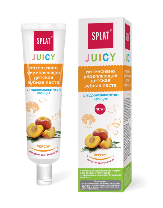 Интенсивно укрепляющая детская зубная паста Splat Juicy Персик / Peach, 35 млДР-180 Интенсивно укрепляющая детская зубная паста Splat Juicy Персик / Peach, 35 млДР-180Интенсивно укрепляющая детская зубная паста SPLAT Juicy ПерсикИнтенсивно укрепляющая зубная паста Splat Juicy Персик с гидроксиапатитом кальция идеально подходит для уязвимой детской эмали.Гидроксиапатит кальция (mHAP) в наноформе проникает глубоко в эмаль и делает ее крепче, замуровывая повреждения подобно пломбе, возвращает поверхности естественную гладкость и устойчивость к воздействию бактерий и кислот. Натуральная, защищенная патентом система Luctatol® эффективно ингибирует образование мягкого зубного налета и направленно уничтожает кариесогенные бактерии Streptococcus mutans. Гель Алоэ Вера обладает увлажняющими и противовоспалительными свойствами, успокаивает и заживляет десны.Пасты SPLAT Juicy глубоко восстанавливают и укрепляют твердые ткани зубов, эффективно защищают от кариеса и налета. Паста НЕ содержит: фтор, агрессивные абразивы, антисептики, спирт, синтетические растворители, ПЭГ, SLS и другие синтетические пенящиеся компоненты.Пасту рекомендуется использовать утром и вечером в течение 2 минут, после приема пищи. В течение дня для защиты от кариеса используйте очищающие пенки SPLAT Junior с системой Luctatol®. Объем: 35 мл