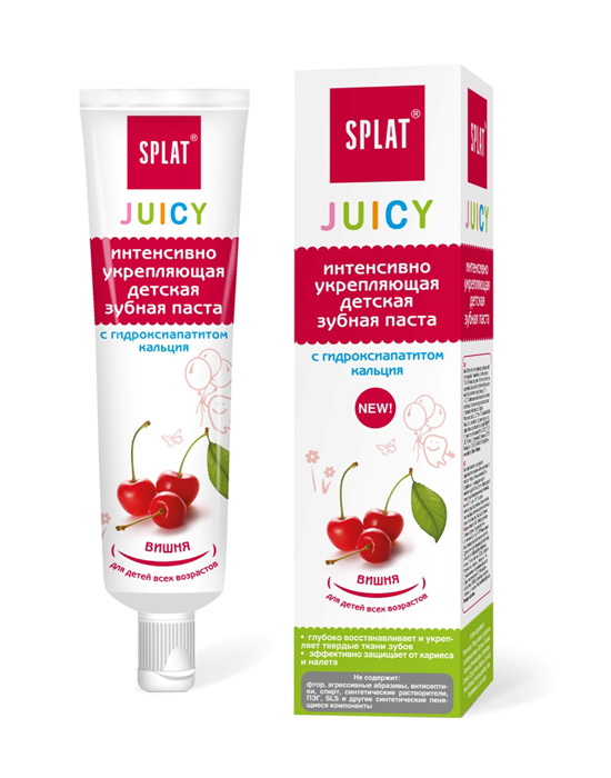 Splat Детская зубная паста Juicy, укрепляющая, с гидроксиапатитом кальция, со вкусом вишни, 35 млДЧ-178 Splat Детская зубная паста Juicy, укрепляющая, с гидроксиапатитом кальция, со вкусом вишни, 35 млДЧ-178Детская зубная паста Splat Juicy специально разработана для детей всех возрастов.Паста глубоко восстанавливает и укрепляет твердые ткани зубов, эффективно защищает от кариеса и глубоко восстанавливает зубную эмаль.Гидроксиапатит кальция проникает глубоко в эмаль и делает ее плотнее и крепче, замуровывает ее повреждения подобно пломбе, делая поверхность более гладкой и устойчивой к воздействию бактерий и кислот.Натуральная, защищенная патентом система Luctatol эффективно ингибирует образование мягкого зубного налета и направленно уничтожает кариесогенные бактерии Streptococcus mutans.Гель Алоэ Вера обладает увлажняющими и противовоспалительными свойствами, успокаивает и заживляет десны.Не содержит: фтор, агрессивные абразивы, антисептики, спирт, синтетические растворители, ПЭГ, SLS и другие синтетические пенящиеся компоненты.Объем: 35 мл.Товар сертифицирован.