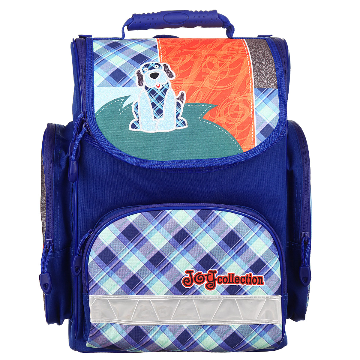 Ранец школьный Tiger Family Joy Collection, цвет: синий, голубой, оранжевый3901/TG_синий Ранец школьный Tiger Family Joy Collection, цвет: синий, голубой, оранжевый3901/TG_синийРанец школьный Tiger Family Joy Collection идеально подойдет для школьников.Ранец выполнен из прочного и водонепроницаемого материала синего, голубого и оранжевого цветов. Изделие оформлено изображением в виде забавной собачки.Содержит одно вместительное отделение, закрывающееся на застежку-молнию с двумя бегунками. Внутри отделения имеются две мягких перегородки для тетрадей или учебников. Крышка полностью откидывается, что существенно облегчает пользование ранцем. На внутренней части крышки находится прозрачный пластиковый кармашек, в который можно поместить данные о владельце ранца. Ранец имеет два боковых накладных кармана на молнии. Лицевая сторона ранца оснащена накладным карманом на застежке-молнии.Спинка ранца достаточно твердая. В нижней части спины расположен поясничный упор - небольшой валик, на который при правильном ношении ранца будет приходиться основная нагрузка. Ранец оснащен ручкой с пластиковой насадкой для удобной переноски в руке и петлей для подвешивания. Мягкие лямки позволяют легко и быстро отрегулировать ранец в соответствии с ростом ребенка. Дно ранца из износостойкого водонепроницаемого материала легко очищается от загрязнений.Светоотражающие элементы обеспечивают дополнительную безопасность в темное время суток.Многофункциональный школьный ранец станет незаменимым спутником вашего ребенка в походах за знаниями.