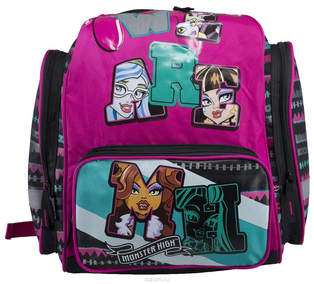 Рюкзак школьный Monster High, цвет: розовый, черный. MHCB-MT1-945MHCB-MT1-945 Рюкзак школьный Monster High, цвет: розовый, черный. MHCB-MT1-945MHCB-MT1-945Рюкзак школьный Monster High понравится каждой девочке-поклоннице мультсериала Школа монстров. Выполнен из прочных и высококачественных материалов, дополнен изображением учениц Monster High.Содержит одно вместительное отделение, закрывающееся на застежку-молнию с двумя бегунками. Лицевая сторона оснащена накладным карманом на застежке-молнии. По бокам расположены два накладных кармана на молнии. Специально разработанная архитектура спинки со стабилизирующими набивными элементами повторяет естественный изгиб позвоночника. Набивные элементы обеспечивают вентиляцию спины ребенка. Мягкие широкие лямки позволяют легко и быстро отрегулировать рюкзак в соответствии с ростом. Рюкзак оснащен эргономичной ручкой для удобной переноски в руке. Светоотражающие элементы обеспечивают безопасность в темное время суток.Такой школьный рюкзак станет незаменимым спутником вашего ребенка в походах за знаниями.Вес рюкзака без наполнения: 700 г.Рекомендуемый возраст: от 12 лет.