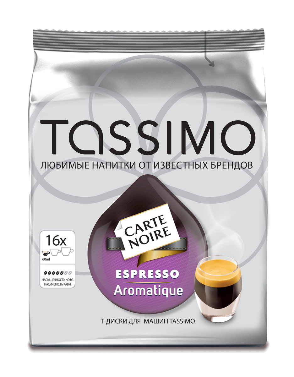Tassimo Carte Noire Espresso Aromatique кофе в капсулах, 16 шт4251499 Tassimo Carte Noire Espresso Aromatique кофе в капсулах, 16 шт4251499Напиток Tassimo Carte Noire Espresso Aromatique обладает ярко выраженным кофейным ароматом, изысканным, мягким вкусом и нежной кофейной пенкой.В каждом Т-Диске содержится точно дозированная порция молотого кофе. Каждый из этих специально разработанных Т-Дисков имеет уникальный штрих-код, который считывается кофемашиной Tassimo. В этом коде указан объем воды, время приготовления и оптимальная температура, необходимая для получения чашки безупречного напитка.Насладитесь чашечкой любимого кофеCarte Noire!