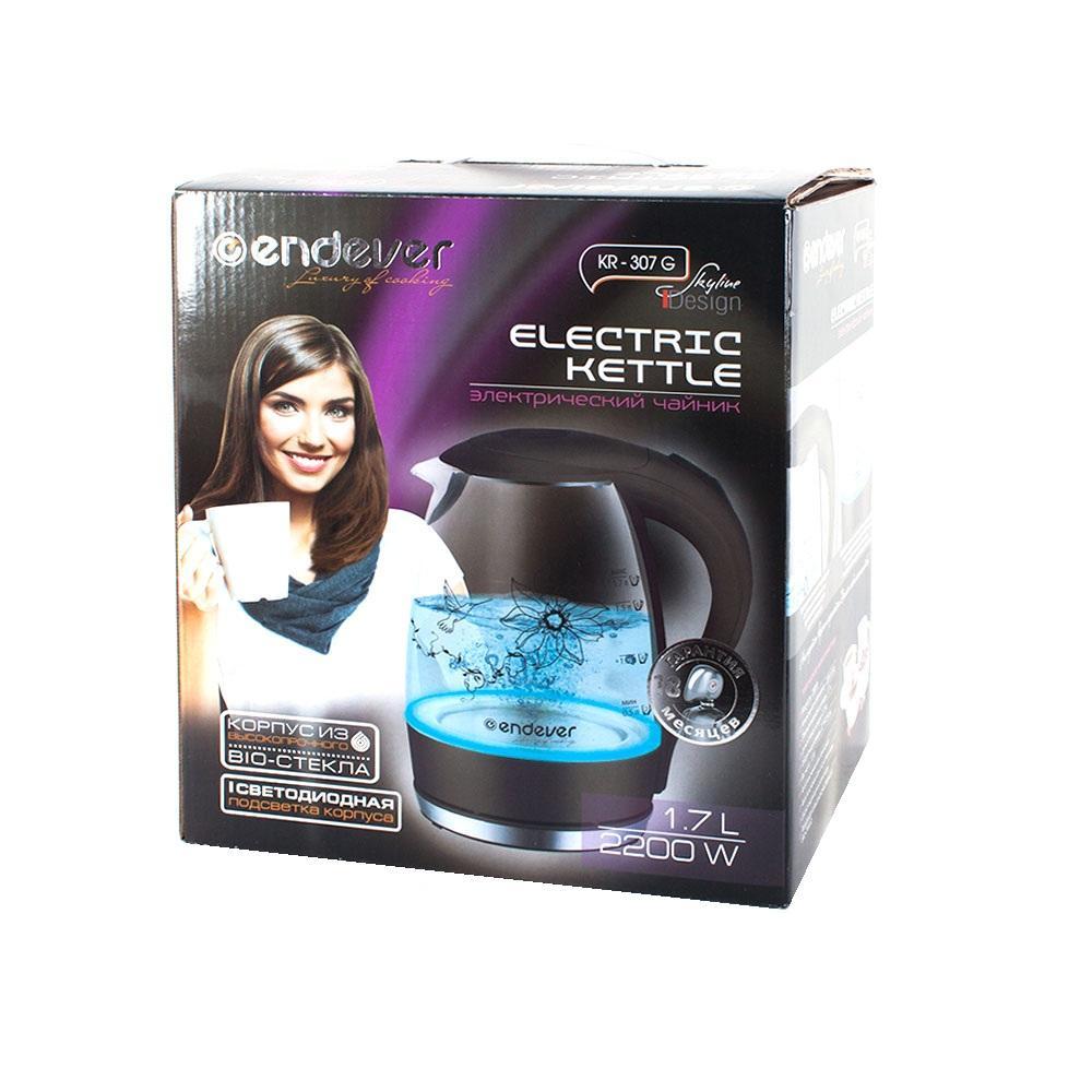 Endever Skyline KR-307G электрочайникKR-307G Endever Skyline KR-307G электрочайникKR-307GЭлектрический чайник – один из самых необходимых электроприборов на любой кухне. Чайник Endever SkyLine KR-307G – это высокое качество изготовления, современный дизайн, стильная расцветка!Чайники Endever SkyLine KR-307G – модель из термостойкого био-стекла, выполненная в классическом элегантном дизайне с внутренней светодиодной подсветкой и оригинальным рисунком на корпусе. Он украсит интерьер любой кухни и создаст прекрасное настроение