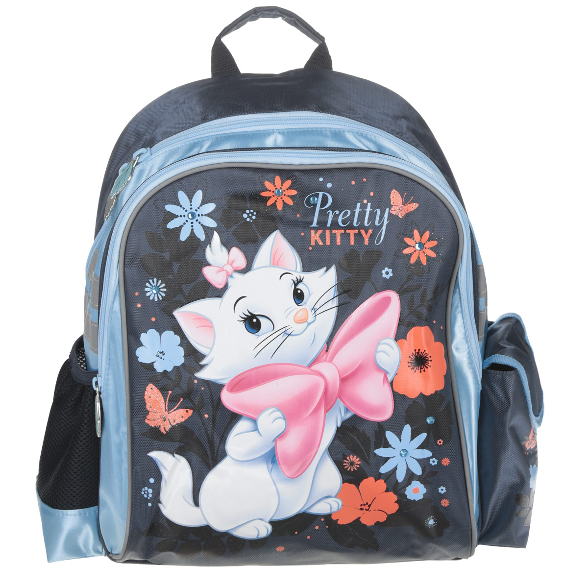 Рюкзак школьный Marie Cat, цвет: темно-синий, голубой. MCAB-UT1-977MCAB-UT1-977 Рюкзак школьный Marie Cat, цвет: темно-синий, голубой. MCAB-UT1-977MCAB-UT1-977Школьный рюкзак Marie Cat привлечет внимание вашей школьницы. Изделие выполнено из высокотехнологичных материалов и оформлено изображением милой кошечки с бантиком.Содержит два вместительных отделения, закрывающиеся на застежки-молнии. Внутри большого отделения имеются две перегородки для учебников или тетрадей. Дно рюкзака можно сделать жестким, разложив специальную панель с пластиковой вставкой, что повышает сохранность содержимого рюкзака и способствует правильному распределению нагрузки. По бокам находятся два накладных кармана: один открытый сетчатый и второй на липучке. Рюкзак оснащен уплотненной спинкой с вентиляционной сеткой. Лямки рюкзака специальной S-образной формы с поролоном и воздухообменной сеткой регулируются по длине. Данные конструктивные особенности помогут обеспечить максимальный комфорт при ношении рюкзака за спиной ребенку любой комплекции. Рюкзак имеет текстильную ручку для переноски в руке. Светоотражающие элементы обеспечивают безопасность в темное время суток.Такой школьный рюкзак станет незаменимым спутником вашего ребенка в походах за знаниями.
