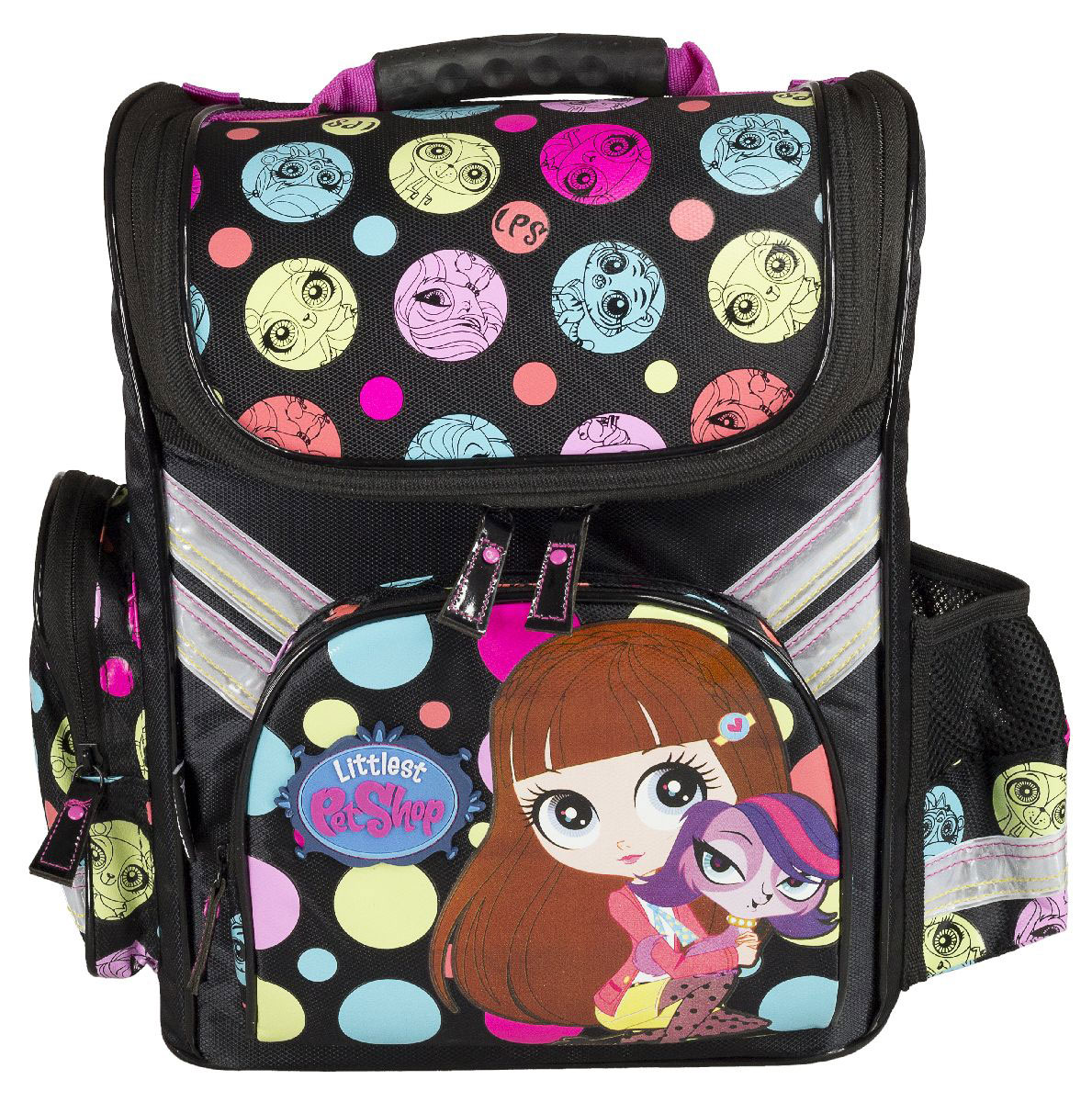 Ранец профилактический Littlest Pet Shop, с эргономической спинкой, цвет: черный, розовыйLPCB-RT2-113 Ранец профилактический Littlest Pet Shop, с эргономической спинкой, цвет: черный, розовыйLPCB-RT2-113Ранец профилактический Littlest Pet Shop обязательно привлечет внимание вашей школьницы. Он выполнен из прочных и высококачественных материалов черного и розового цветов, а также оформлен изображением героев известного мультфильма Маленький зоомагазин.Содержит одно вместительное отделение, закрывающееся на застежку-молнию с двумя бегунками. Внутри отделения имеются две мягкие перегородки для тетрадей и учебников, фиксирующиеся резинкой. Также в отделении находится прорезной карман на молнии и два боковых вертикальных кармана на липучке. На лицевой стороне расположен накладной карман на застежке-молнии. Ранец имеет два боковых накладных кармана, закрывающиеся на молнии.Жесткий каркас корпуса, благодаря которому ранец держит форму, способствует равномерному распределению нагрузки. Конструкция спинки дополнена эргономичными подушечками для снижения давления на позвоночник, противоскользящей сеточкой, обладающей гипоаллергенными свойствами и системой вентиляции для предотвращения запотевания спины ребенка. Мягкие широкие лямки анатомической формы повторяют естественный изгиб плечевого пояса, обеспечивая комфортную посадку ранца исвободу движений. Пряжки лямок позволяют ребенку одним движением отрегулировать посадку уже надетого ранца по фигуре. Прочное дно с пластиковыми ножками обеспечивает ранцу хорошую устойчивость и защиту от загрязнений. Светоотражающие элементы имеют высокие светоотражающие свойства во всех направлениях и при различных углах к источникам освещения, что обеспечивает безопасность в темное время суток.Многофункциональный профилактический школьный ранец для предупреждения нарушений осанки и деформации позвоночника станет незаменимым спутником вашего ребенка в походах за знаниями.Вес пустого ранца: 1 кг