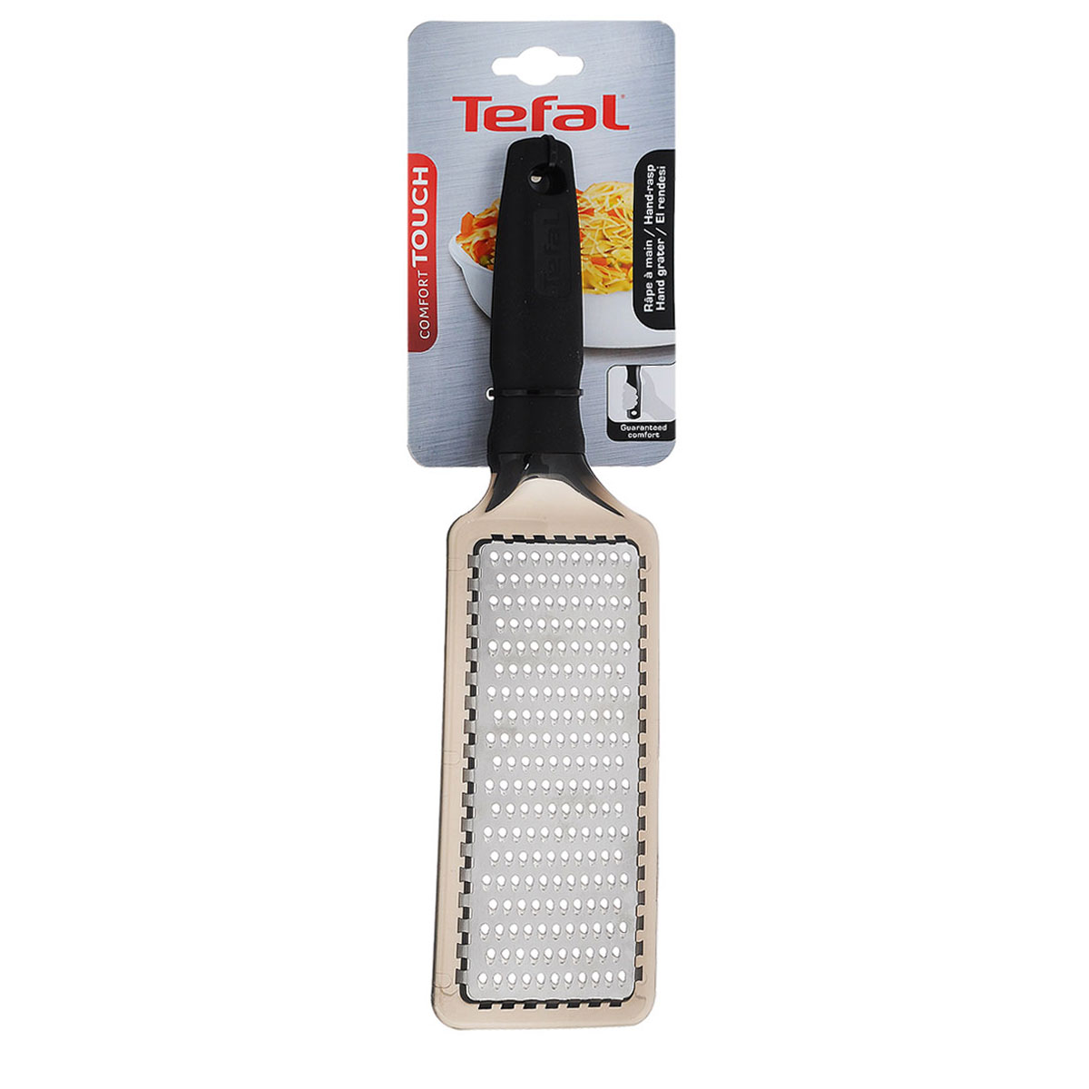Терка Tefal Comfort Touch, плоская, с ручкой, цвет: черный2100071034 Терка Tefal Comfort Touch, плоская, с ручкой, цвет: черный2100071034Терка Tefal Comfort Touch изготовлена из высококачественной нержавеющей стали. Изделие снабжено лезвиями для мелкой терки. Благодаря удобной пластиковой прорезиненной ручке терку удобно использовать и приятно держать в руках. На ручке имеется отверстие для подвешивания.Терка Tefal Comfort Touch прекрасно дополнит коллекцию ваших кухонных аксессуаров.Общая длина терки: 29 см.