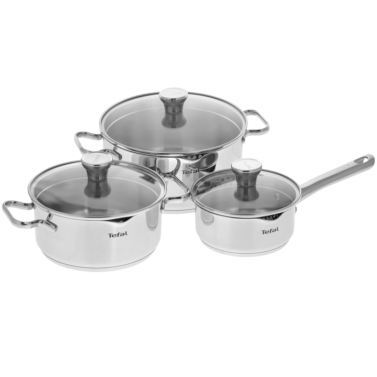 Набор посуды Tefal Duetto, 6 предметов2100084970 Набор посуды Tefal Duetto, 6 предметов2100084970Набор посуды Tefal Duetto состоит из ковша с крышкой и двух кастрюль разного объема с крышками. Предметы набора выполнены из высококачественной нержавеющей стали с внешним зеркальным и внутренним матовым покрытиями. Крышки из термостойкого стекла снабжены металлическими ободками и отверстиями для выпуска пара. Изделия также оснащены удобными носиками для слива жидкости и мерной шкалой с внутренней стороны.Дно с технологией Durabase обеспечивает равномерное распределение тепла.Предметы набора подходят для всех типов плит, включая индукционные. Можно мыть в посудомоечной машине.Диаметр ковша: 16 см.Объем ковша: 1,3 л.Высота стенок ковша: 7,5 см.Толщина стенок ковша: 3 мм.Толщина дна ковша: 3 мм.Длина ручки ковша: 16,5 см.Диаметр кастрюль: 20 см, 24 см.Объем кастрюль: 2,7 л; 4,7 л.Высота стенок кастрюль: 11,5 см; 10 см.Толщина стенок кастрюль: 3 мм.Толщина дна кастрюль: 3 мм.Ширина кастрюль (с учетом ручек): 34 см; 30 см.