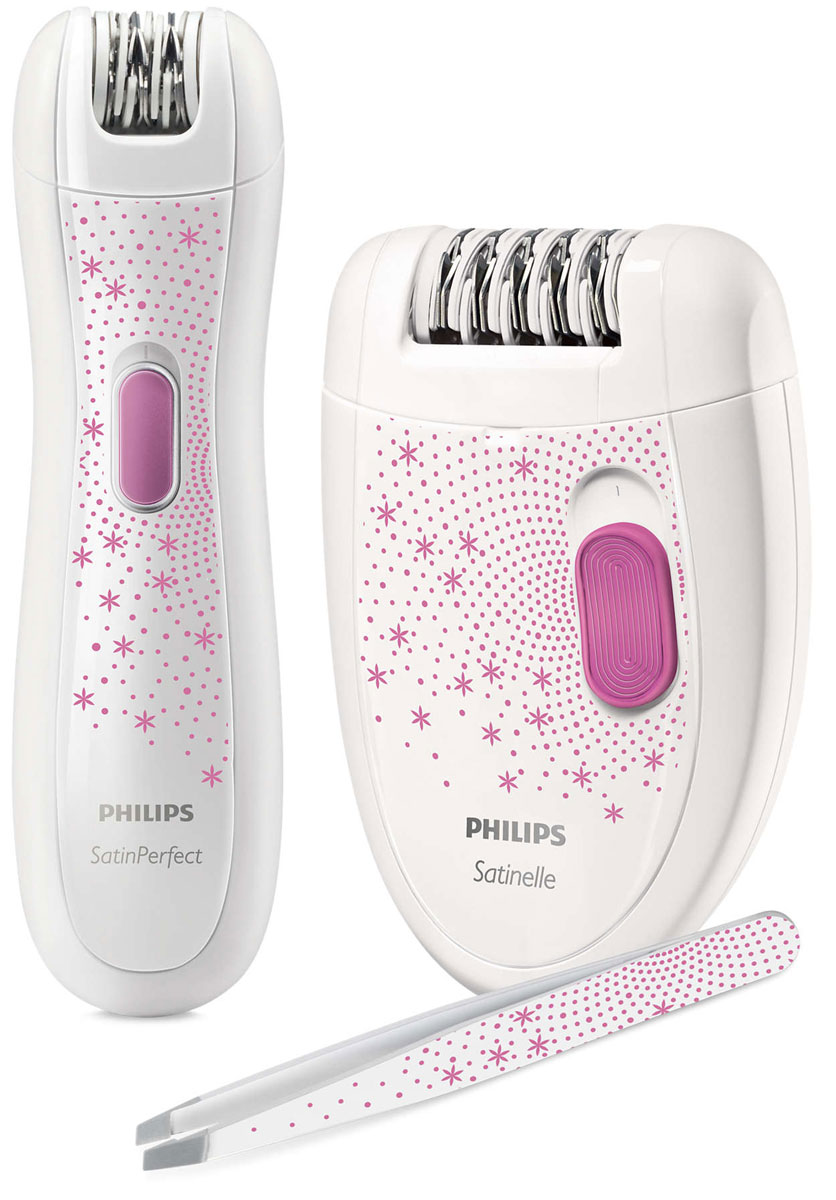 Philips HP6549/00, White Pink эпиляторHP6549/00 Philips HP6549/00, White Pink эпиляторHP6549/00Philips HP 6549/00 позволит осуществлять быстрое удаление волос на руках и ногах с помощью эпилятора Satinelle, а также проводить бережную и точную эпиляцию в области подмышек и в зоне бикини с помощью мини-эпилятора. В комплект входит пинцет для бровей и волосков на лице. Все три предмета оформлены в едином стиле.Эффективное удаление волос с корнемЭпиляторы оснащены специально разработанными дисками для точного удаления даже самых коротких волосков (0,5 мм): в 4 раза более короткие, чем при эпиляции воском, для гладкой кожи на срок до 4 недель.Решение для быстрой эпиляции на ногах и рукахЭпилятор Satinelle оснащен широкой головкой для эпиляции на голенях и руках. Благодаря закругленной форме прибор удобно помещается в ладони, что обеспечивает комфортное удаление волос.Решение для бережной эпиляции на чувствительных участкахМини-эпилятор оснащен узкой головкой, которая разработана специально для захвата волосков в труднодоступных местах без неприятных ощущений на коже. Для максимального удобства прибор работает от батарей. В набор входит пинцет с плотно прилегающими кончиками, который идеально подходит для удаления волосков на лице (над верхней губой и на подбородке) или придания формы бровям.