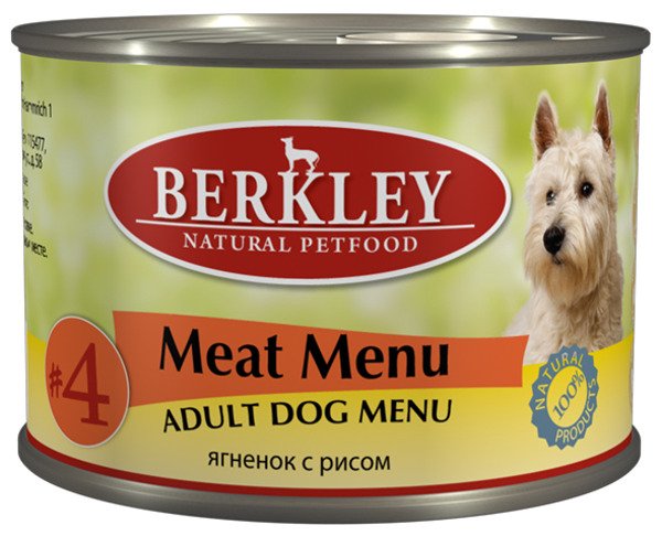 Консервы для собак Berkley №4, ягненок с рисом, 200 г75009 Консервы для собак Berkley №4, ягненок с рисом, 200 г75009Консервы Berkley №4 - полноценное консервированное питание для собак. Не содержат сои, консервантов, искусственных красителей и ароматизаторов. Корм полностью удовлетворяет ежедневные энергетические потребности животного и обеспечивает оптимальное функционирование пищеварительной системы.Товар сертифицирован.