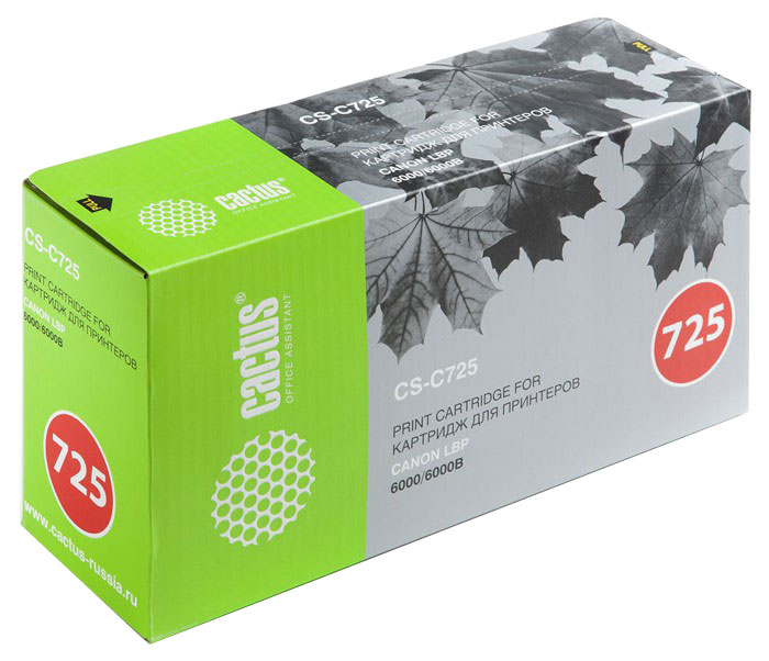 Cactus CS-C725, Black тонер-картридж для Canon i-Sensys LBP-6000/6000bCS-C725S Cactus CS-C725, Black тонер-картридж для Canon i-Sensys LBP-6000/6000bCS-C725SКартридж Cactus CS-C725 для лазерных принтеров Canon i-Sensys.Расходные материалы Cactus для лазерной печати максимизируют характеристики принтера. Обеспечивают повышенную чёткость чёрного текста и плавность переходов оттенков серого цвета и полутонов, позволяют отображать мельчайшие детали изображения. Обеспечивают надежное качество печати.