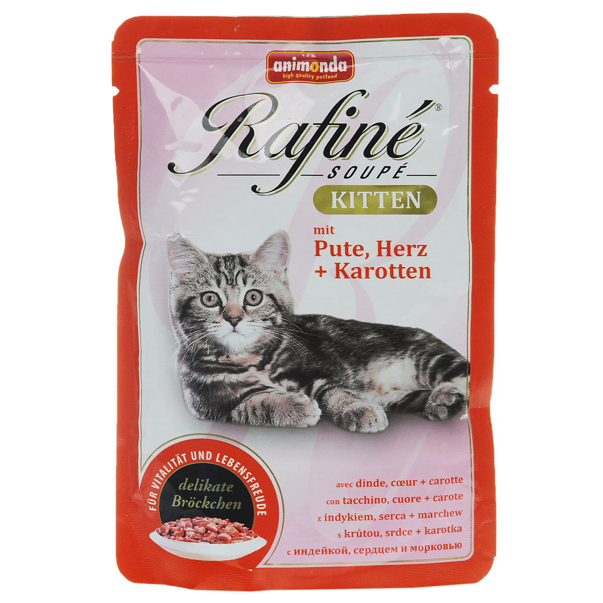 Консервы для котят Animonda Rafine Soupe, с индейкой, сердцем и морковью, 100 г39231 Консервы для котят Animonda Rafine Soupe, с индейкой, сердцем и морковью, 100 г39231Консервы Animonda Rafine Soupe со вкусом индейки, сердца и моркови этоПолноценное консервированное питание для котят высшего качества. Ни одингурман не сможет устоять перед таким угощением, даже самые капризныепитомцы останутся довольны. Консервы содержат в большом количествелегкоусвояемый протеин, поэтому корм прекрасно подойдёт даже для животныхсо слабой пищеварительной системой.Состав: мясо и мясные продукты (сердце индейки 10%, индейка 10%), овощи(морковь 4%), минералы. Анализ: белок 8%, жир 8%, клетчатка 0,3%, зола 2%, влажность 81%. Добавки (на 1 кг продукта): витамин D3 250 МЕ, медь 2 мг, цинк 5 мг,марганец 1,5 мг, йод 0,5 мг. Вес: 100 г.Товар сертифицирован.