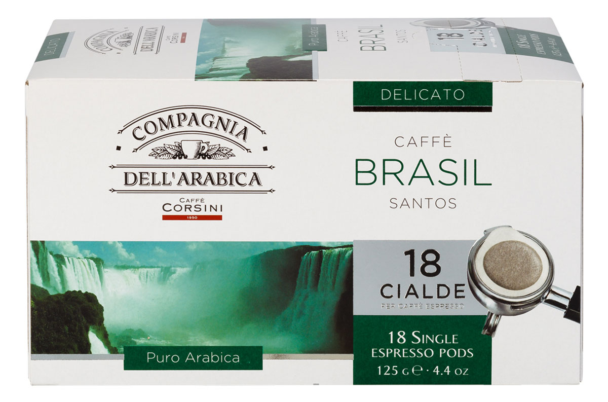 Compagnia DellArabica Brasil Santos кофе в чалдах, 18 шт8001684025756 Compagnia DellArabica Brasil Santos кофе в чалдах, 18 шт8001684025756Compagnia DellArabica Brasil Santos - один из самых популярных сортов 100% арабики в мире. Теплота молочного шоколада, оживленная цитрусовыми акцентами тонко сочетается с линией свежести южно-американских цветущих садов. Для этого напитка характерна низкая кислотность и идеальная структура. Для приготовления в чалдовых кофемашинах.