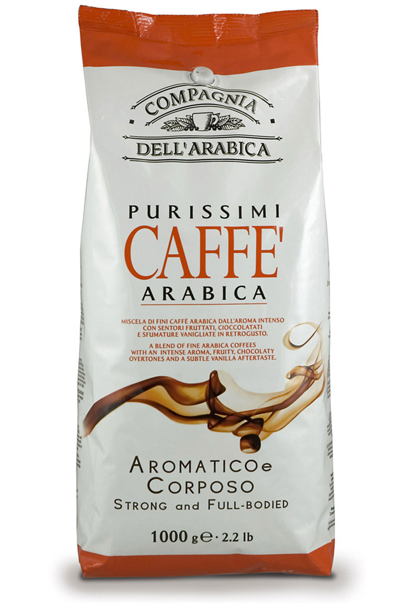 Compagnia DellArabica Purissimi Arabica Aromatico Corposo кофе в зернах, 1 кг1977628759780 Compagnia DellArabica Purissimi Arabica Aromatico Corposo кофе в зернах, 1 кг1977628759780Compagnia DellArabica Purissimi Arabica Aromatico Corposo - элитный высокогорный сорт 100% арабики, считающийся поистине взрослым кофе. Это напиток с ярко выраженной кислинкой, проникающей терпкостью, интенсивным привкусом и освежающим бодрящим действием. Идеально подходит для приготовления эспрессо и напитков на его основе, любыми традиционными способами!