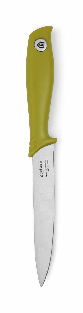 Нож универсальный Brabantia Tasty Colors, цвет: зеленый, длина лезвия 13 см. 108020108020 Нож универсальный Brabantia Tasty Colors, цвет: зеленый, длина лезвия 13 см. 108020108020Нож остается острым в течение длительного времени – лезвие из закаленной стали. Повышенная устойчивость к царапинам и коррозии – высокоуглеродистая молибден-ванадиевая сталь. Поистине универсальный помощник на вашей кухне – длинное узкое лезвие. Повышенная безопасность – специальный предохранитель для пальцев на рукоятке. Удобство в очистке и гигиеничность – бесшовная ручка из монолитного материала.