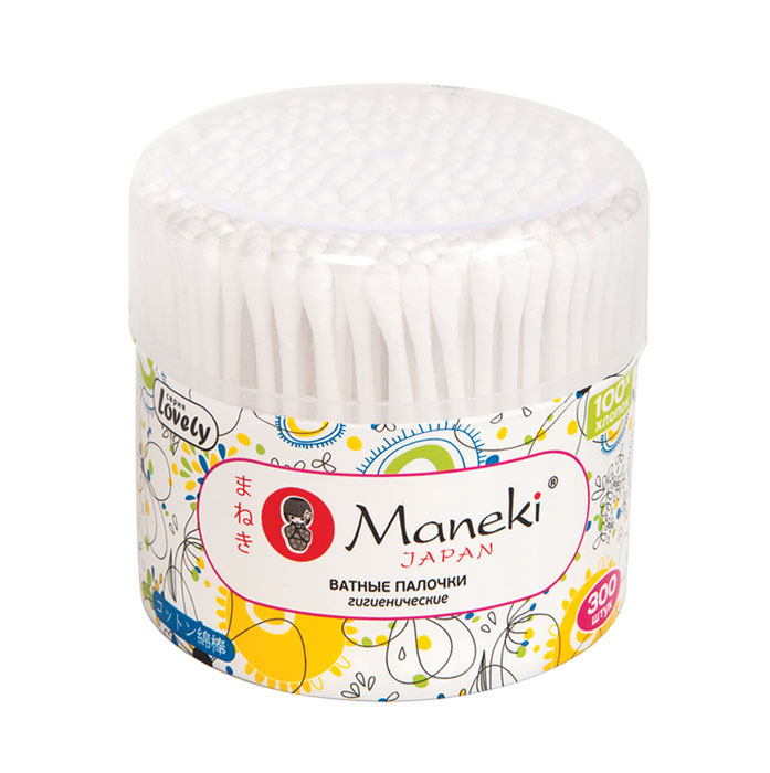 Maneki Палочки ватные гигиенические Lovely, с белым пластиковым стиком, в пластиковом стакане 300 шт.
