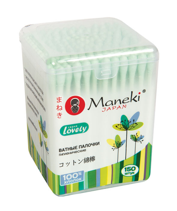 Maneki Палочки ватные гигиенические Lovely, с зеленым бумажным стиком, в пластиковой коробке, 150 шт.