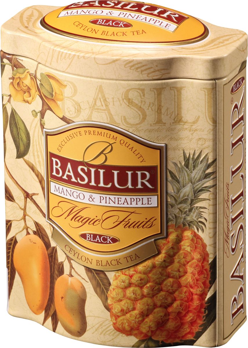 Basilur Mango and pineapple черный листовой чай, 100 г (жестяная банка)70534-00 Basilur Mango and pineapple черный листовой чай, 100 г (жестяная банка)70534-00Чёрный цейлонский байховый листовой чай Basilur Mango and pineapple с кусочками ананаса и манго, цедрой апельсина, лепестками васильков и ароматами манго, ананаса и маракуйи придаст яркую фруктовую нотку вашему дню.Экзотические ароматы сладкого манго и сочного ананаса в сочетании с лучшим листовым цейлонским чёрным чаем, создают ощущение бесконечного путешествия по тропическому раю. Чай Basilur Mango and pineapple насыщен ароматами солнечных тропиков.