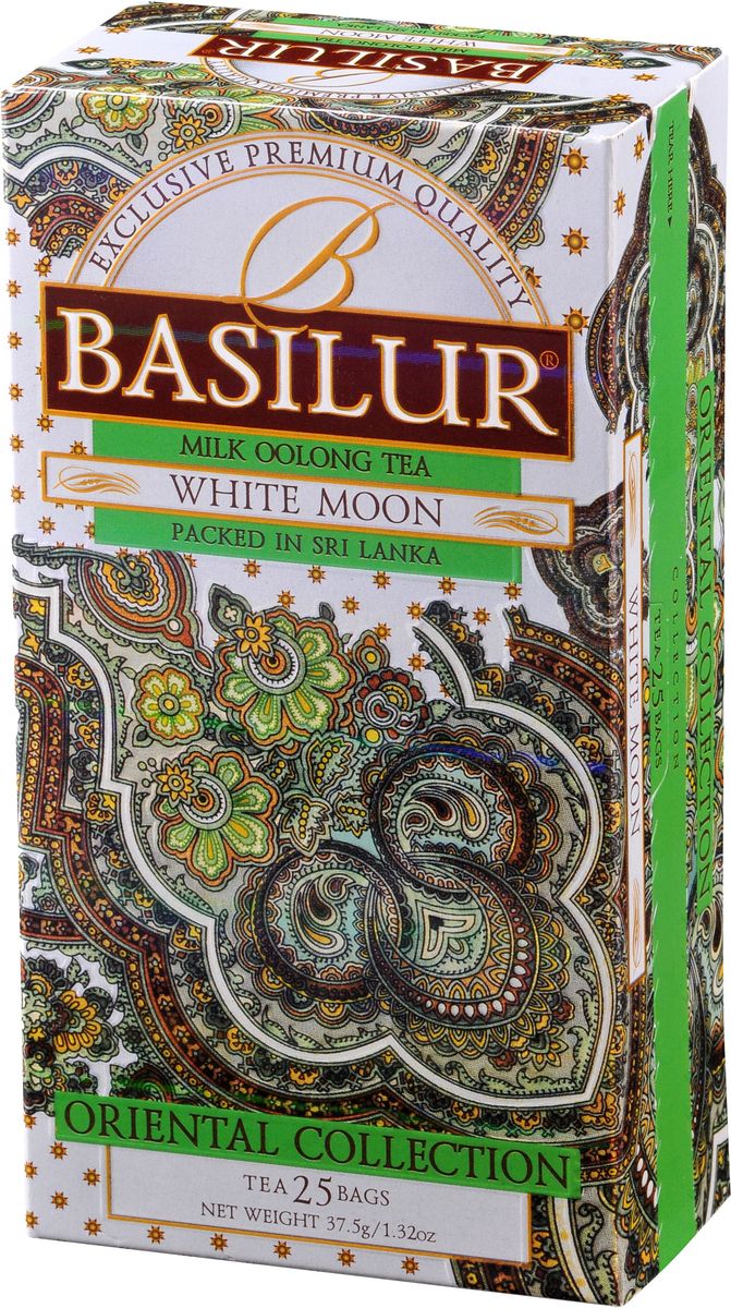 Basilur White Moon зеленый чай в пакетиках, 25 шт70850-00 Basilur White Moon зеленый чай в пакетиках, 25 шт70850-00Чай зелёный китайский байховый мелколистовой Basilur White Moon с молочным ароматом в пакетиках с ярлычками для разовой заварки. Этот сорт создан на основе древней китайской рецептуры чая улун (oolong). Его отличительными чертами являются шелковистая текстура чайного листа, нежный молочный вкус и аромат настоя.