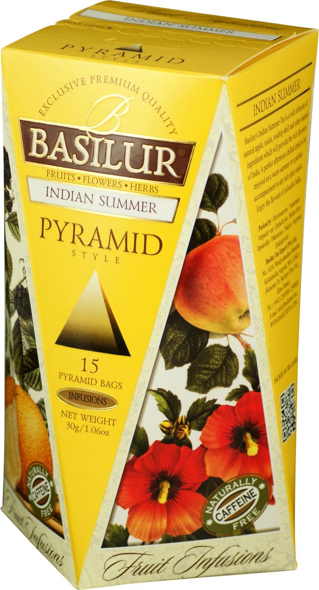 Basilur Indian Summer фруктовый чай в пакетиках, 15 шт70654-00 Basilur Indian Summer фруктовый чай в пакетиках, 15 шт70654-00Basilur Indian Summer - фруктовый чай в пирамидках с кусочками яблока, изюма и ежевики, шиповником и корицей, гибискусом, цедрой апельсина, бутонами розы и лепестками подсолнечника, ароматами алоэ, апельсина и сливок. Композиция из яблока, изюма, шиповника и других компонентов, которые предоставляют собой богатые ароматы Индии, будет прекрасным дополнением к любому пряному блюду. Также напитком можно наслаждаться теплыми летними днями в охлажденном виде.