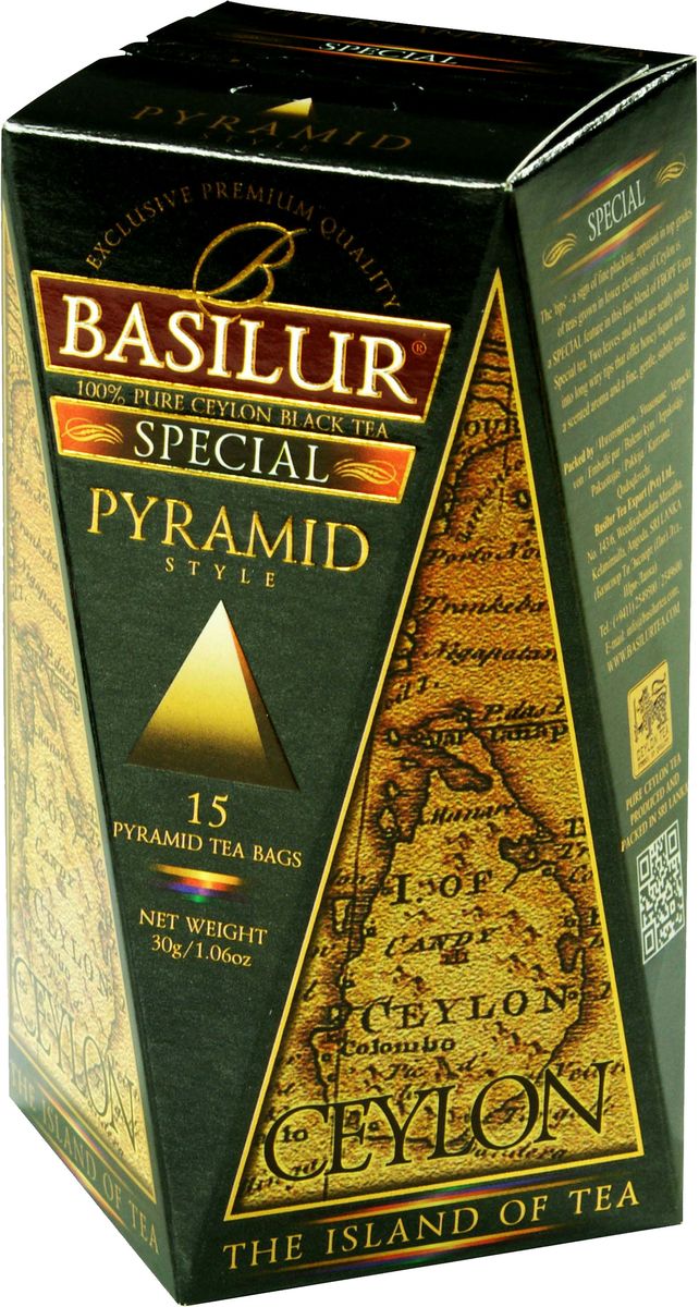 Basilur Special черный чай в пакетиках, 15 шт71012-00 Basilur Special черный чай в пакетиках, 15 шт71012-00Чай чёрный цейлонский байховый листовой Basilur Special в пирамидках с типсами. Чайные почки - типсы - являются отличительным признаком высокого качества чая класса премиум. Два аккуратно скрученных листка и почка при заваривании создают неповторимый медовый аромат и тонкий нежный вкус - это и есть Basilur Особый чай стандарта FBOP Extra Special, выращенный на горных склонах острова Цейлон.