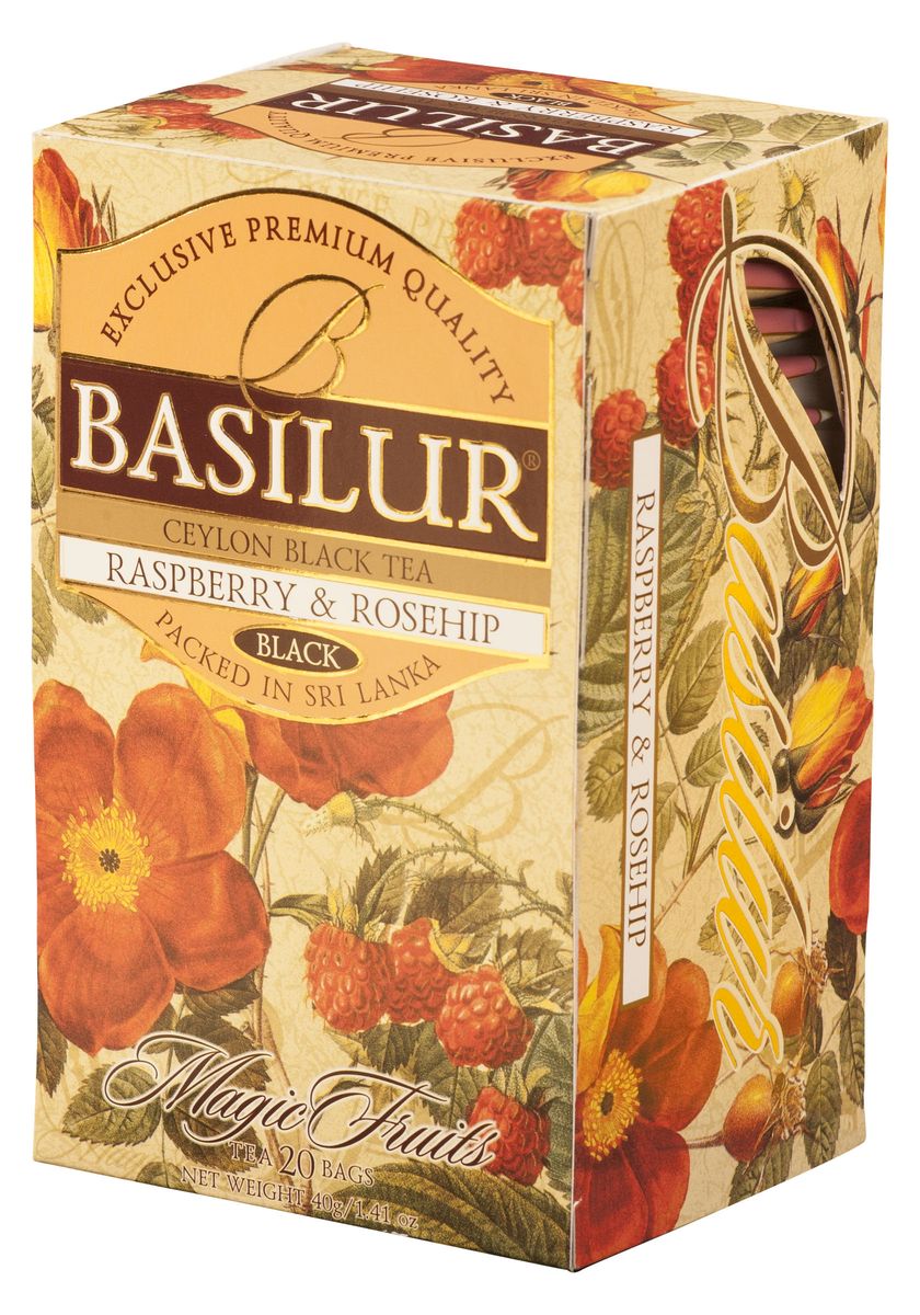 Basilur Raspberry and Rosehip черный чай в пакетиках, 20 шт70181-00 Basilur Raspberry and Rosehip черный чай в пакетиках, 20 шт70181-00Чай чёрный цейлонский байховый мелколистовой Basilur Raspberry and Rosehip с шиповником и ароматом малины в пакетиках с ярлычками для разовой заварки. Малина и шиповник - выразительная, яркая композиция лучших сортов чёрного цейлонского чая и натуральных ягод малины и плодов шиповника, делает Basilur Raspberry and Rosehip не только приятным, но и полезным для здоровья.