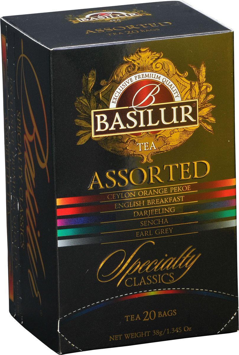 Basilur Assorted Specialty Classics черный чай в пакетиках, 20 шт70296-00 Basilur Assorted Specialty Classics черный чай в пакетиках, 20 шт70296-00Basilur Assorted Specialty Classics - коллекция, состоящая из зеленого и черного чая различных видов. Состав:Цейлон Оранж Пеко, Английский завтрак - черный цейлонский байховый чай;Дарджилинг - черный индийский байховый чай;Сенча - зеленый цейлонский байховый чай;Эрл Грей - черный цейлонский байховый чай.