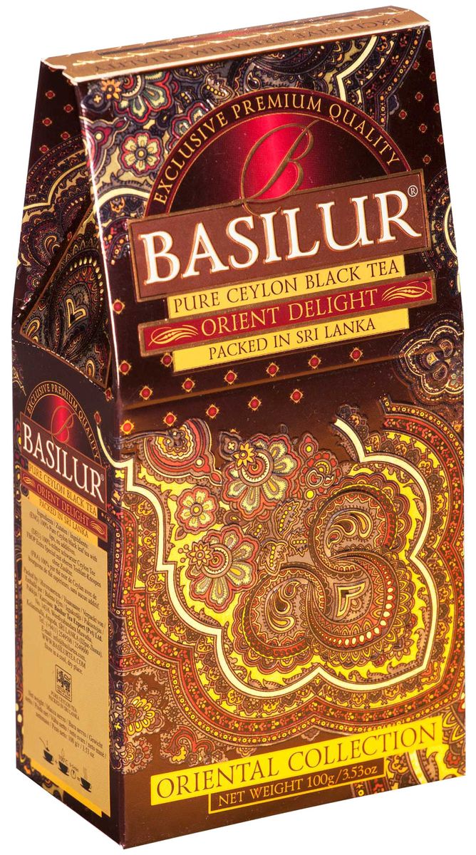 Basilur Orient Delight черный листовой чай, 100 г70428-00 Basilur Orient Delight черный листовой чай, 100 г70428-00Чай чёрный цейлонский байховый листовой Basilur Orient Delight с типсами. Этот цейлонский чай сорта FBOP Extra Special с типсами (чайными почками) - для настоящих ценителей! Вас порадует насыщенный темно-красный настой и великолепный аромат с мягкой медовой нотой. Чайные почки - типсы - являются отличительным признаком высокого качества чая класса премиум. Два аккуратно скрученных листка и почка при заваривании создают неповторимый медовый аромат и тонкий нежный вкус чая, выращенного на горных склонах острова Цейлон.