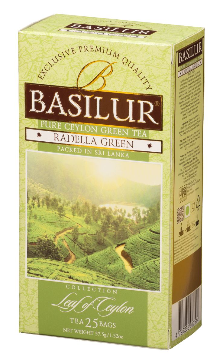 Basilur Radella зеленый чай в пакетиках, 25 шт70493-00 Basilur Radella зеленый чай в пакетиках, 25 шт70493-00Чай зелёный цейлонский байховый мелколистовой Basilur Radella в пакетиках с ярлычками для разовой заварки. Среди горных вершин, покрытых туманами расположена Radella. Место с идеальными климатическими и почвенными условиями для выращивания одного из лучших сортов чая в мире. Целебные свойства и освежающий вкус цейлонского чая удовлетворят даже самых взыскательных ценителей этого напитка. Чашка зеленого чая Basilur Radella с легким освежающим эффектом успокоит ваши чувства и поднимет настроение.