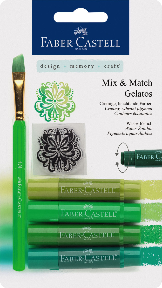 Faber-Castell Восковые мелки Gelatos цвет зеленый 4 шт121804 Faber-Castell Восковые мелки Gelatos цвет зеленый 4 шт121804Новый уникальный продукт Gelatos от Faber-Castell не имеет аналогов на рынке. Он не содержит вредных веществ, очень гладко наносится на поверхность, имеет яркие и насыщенные цвета, которые легко смешиваются. Gelatos легко наносится на бумагу, холст или дерево и великолепно сочетается с другими арт-продуктами Faber-Castell. Этот продукт идеально подходит как для начинающих,так и для опытных художников. В набор также входят штамп и кисточка.