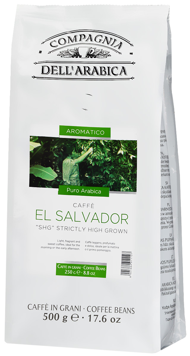 Compagnia DellArabica El Salvador кофе в зернах, 500 г8001684905157 Compagnia DellArabica El Salvador кофе в зернах, 500 г8001684905157Кофе Compagnia DellArabica El Salvador произрастает на высоте более 900 метров над уровнем моря. Сорт впитал в себя все могущество высокогорного шедевра Латинской Америки. Он обладает сладким мягким вкусом, насыщенным ароматами чередованиями послевкусий. Идеально подходит для приготовления эспрессо и напитков на его основе, любыми традиционными способами!
