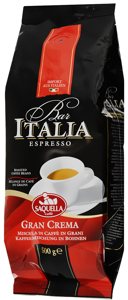 Saquella Bar Italia Gran Crema кофе в зернах, 500 г8002650000807 Saquella Bar Italia Gran Crema кофе в зернах, 500 г8002650000807Saquella Bar Italia Gran Crema - это насыщенный сорт, в состав которого входит кофе с лучших плантаций Индии, Центральной Америки и Сантоса. Напиток имеет крепкий и насыщенный с легким оттенком шоколада. Послевкусие - яркое и интенсивное. При заваривании получается выразительный напиток, обладающий несравненной пенкой. Идеально подходит для приготовления эспрессо и капучино.