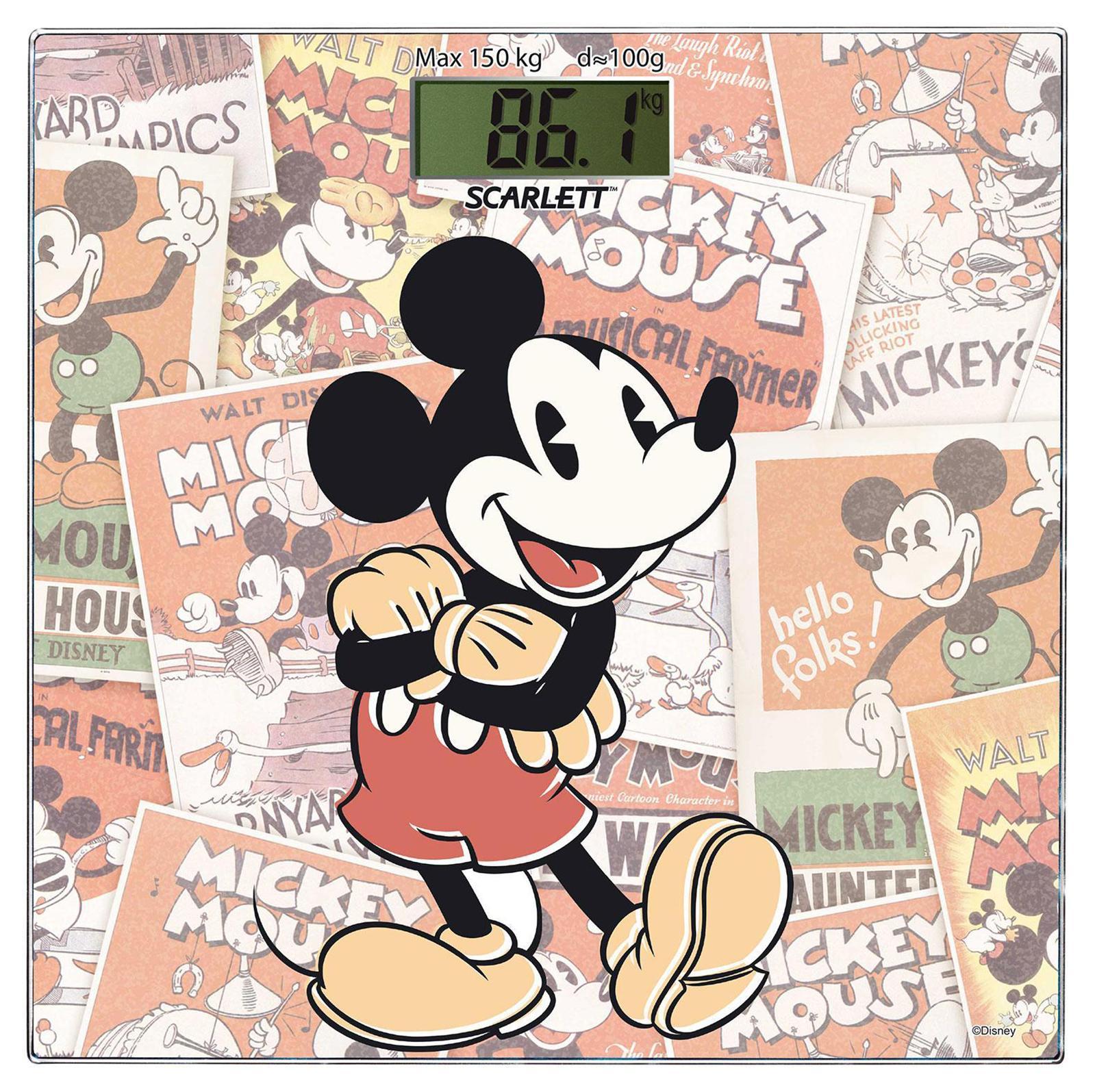 Scarlett SC-BSD33E899 Mickey Retro весы напольные электронныеSC-BSD33E899 Scarlett SC-BSD33E899 Mickey Retro весы напольные электронныеSC-BSD33E899Напольные весы Scarlett SC-BSD33E899 изготовлены из ударопрочного стекла толщиной 6 мм и оформлены в изображением известного персонажа мультфильмов. Весы имеют стандартную точность измерения, равную 100 грамм. Устройство измеряет массу тела в килограммах и работает от батарейки типа CR2032(1 шт). Электронный дисплей размером 74 х 28,5 мм отображает большие цифры, которые можно будет увидеть с высоты человеческого роста. Также данная модель имеет прорезиненные ножки, для большей устойчивости.