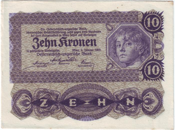 Банкнота номиналом 10 крон. Австрия. 1922 год