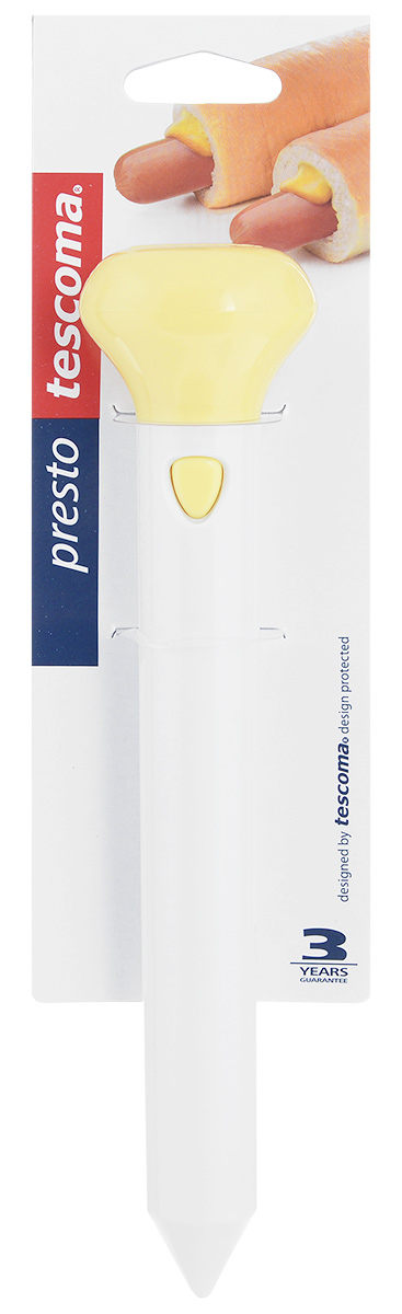 Форма для хот-дога Tescoma Presto, цвет: светло-желтый, белый, длина 21 см420584 Форма для хот-дога Tescoma Presto, цвет: светло-желтый, белый, длина 21 см420584Форма Tescoma Presto изготовлена из высококачественного прочного пластика. Отлично подходит для домашнего приготовления хот-догов, с ножом для срезания конца булки. Рекомендуется мыть вручную. Длина лезвия: 6,5 см