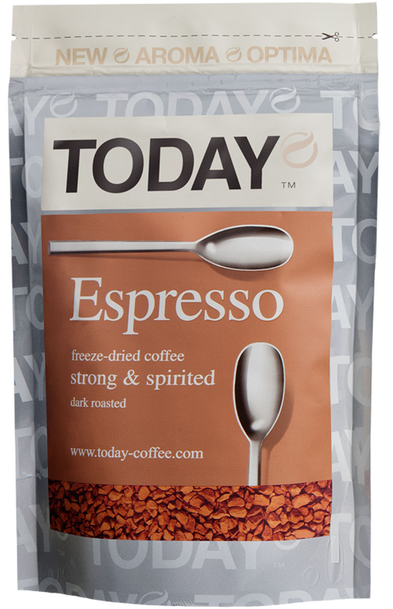 Today Espresso кофе растворимый, 75 г5060300570097 Today Espresso кофе растворимый, 75 г5060300570097Крепкий и насыщенный кофейный вкус Today Espresso поможет проснуться утром и поддержать силы днем всем любителям настоящего итальянского эспрессо.Изготовлен по уникальной технологии Aroma Optima из отборных зерен Арабики, без применения искусственных добавок. Темная обжарка придает крепость, великолепный вкус и насыщенный аромат натурального свежемолотого кофе.