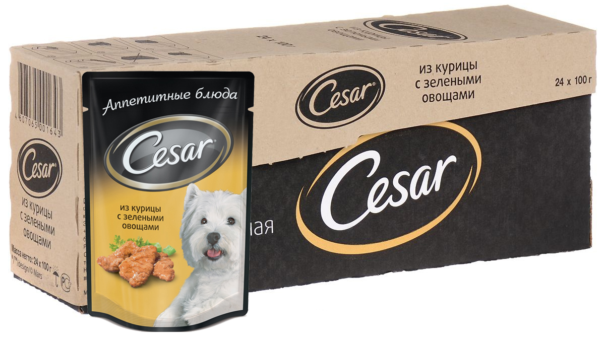 Консервы Cesar для взрослых собак, с курицей и зелеными овощами, 100 г, 24 шт39667 Консервы Cesar для взрослых собак, с курицей и зелеными овощами, 100 г, 24 шт39667Консервы Cesar - это полнорационный консервированный корм для взрослых собак всех пород. Нежнейшие кусочки мяса, дополненные свежими овощами - идеальное блюдо для любой собаки.Консервы приготовлены исключительно из натурального сырья. Не содержат искусственных красителей, консервантов и усилителей вкуса. Состав: мясо и субпродукты минимум 40% (в том числе курица минимум 26%), овощи (минимум 4%), злаки, витамины, минеральные вещества.Пищевая ценность в 100 г: белки - 9 г, жир - 4,5 г, зола - 2 г, клетчатка - 0,5 г, влага - 80 г, витамин А - не менее 150 МЕ, витамин Е - не менее 1,2 мг. Энергетическая ценность в 100 г: 85 ккал.Товар сертифицирован.В упаковке 24 пакетика по 100 г.