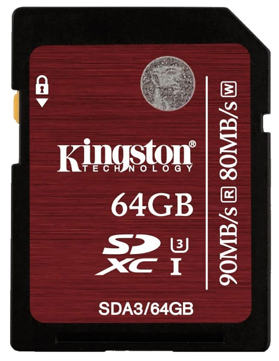 Kingston SDXC Class 10 UHS-I U3 64GB карта памятиSDA3/64GB Kingston SDXC Class 10 UHS-I U3 64GB карта памятиSDA3/64GBВоспользуйтесь преимуществами увеличенной скорости работы карт памяти SDXC Class 10 UHS-I U3 компании Kingston. Они поддерживают скорость 90 МБ/с (чтение) и 80 МБ/с (запись), благодаря чему операции чтения и записи выполняются до 9 и 8 раз быстрее, чем при использовании стандартных карт памяти SD (Class 10). Они соответствуют самой современной версии спецификации SD Association UHS-I U3 (Ultra High-Speed Bus, Speed Class 3), которая гарантирует производительность не менее 30 МБ/с и полосу пропускания, достаточную для записи и воспроизведения видео 4K / 2K без задержек.Пользователи смогут записывать видео формата Full HD (1080p), Ultra HD (2160p), 3D и 4K / 2K кинематографического качества с помощью высокопроизводительных камер, таких как цифровые зеркальные камеры (D-SLR), беззеркальные цифровые камеры (D-SLM) и видеокамеры. Карты памяти идеально подходят для записи телевизионных передач, а также прямых эфиров; кроме того, они позволяют ускорить редактирование файлов и обеспечивают снижение времени загрузки, особенно при использовании устройств чтения с интерфейсом USB 3.0. Повышенные минимальные скорости записи гарантируют целостность видео благодаря снижению задержек и позволяют фотографам делать серии снимков.Карты памяти Kingston SDXC Class 10 UHS-I U3 имеют емкость 32 ГБ, 64 ГБ, 128 ГБ и 256 ГБ, что обеспечивает возможность длительной записи видео и съемки фотографий высокого разрешения (таких как RAW или JPEG) без замены карт памяти. Они также имеют пожизненную гарантию, бесплатную техническую поддержку и отличается легендарной надежностью Kingston.