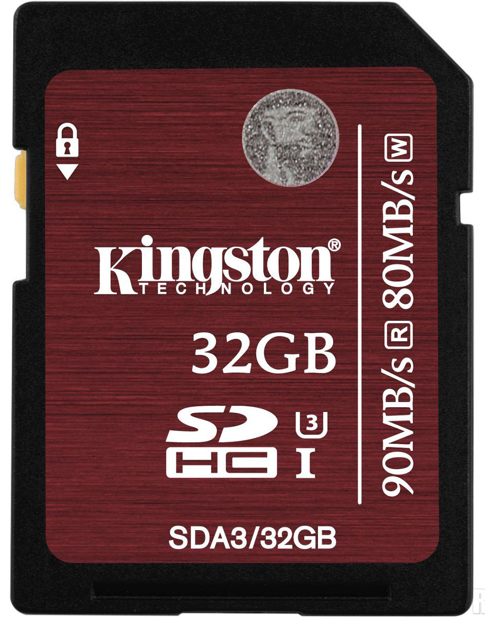 Kingston SDHC Class 10 UHS-I U3 32GB карта памятиSDA3/32GB Kingston SDHC Class 10 UHS-I U3 32GB карта памятиSDA3/32GBВоспользуйтесь преимуществами увеличенной скорости работы карт памяти SDHC Class 10 UHS-I U3компании Kingston. Они поддерживают скорость 90 МБ/с (чтение) и 80 МБ/с (запись), благодаря чему операции чтения и записи выполняются до 9 и 8 раз быстрее, чем при использовании стандартных карт памяти SD (Class 10). Они соответствуют самой современной версии спецификации SD Association UHS-I U3 (Ultra High-Speed Bus, Speed Class 3), которая гарантирует производительность не менее 30 МБ/с и полосу пропускания, достаточную для записи и воспроизведения видео 4K / 2K без задержек.Пользователи смогут записывать видео формата Full HD (1080p), Ultra HD (2160p), 3D и 4K / 2K кинематографического качества с помощью высокопроизводительных камер, таких как цифровые зеркальные камеры (D-SLR), беззеркальные цифровые камеры (D-SLM) и видеокамеры. Карты памяти идеально подходят для записи телевизионных передач, а также прямых эфиров; кроме того, они позволяют ускорить редактирование файлов и обеспечивают снижение времени загрузки, особенно при использовании устройств чтения с интерфейсом USB 3.0. Повышенные минимальные скорости записи гарантируют целостность видео благодаря снижению задержек и позволяют фотографам делать серии снимков.Карты памяти Kingston SDHC Class 10 UHS-I U3 имеют внушительную емкость, что обеспечивает возможность длительной записи видео и съемки фотографий высокого разрешения (таких как RAW или JPEG) без замены карт памяти. Они также имеют пожизненную гарантию, бесплатную техническую поддержку и отличается легендарной надежностью Kingston.