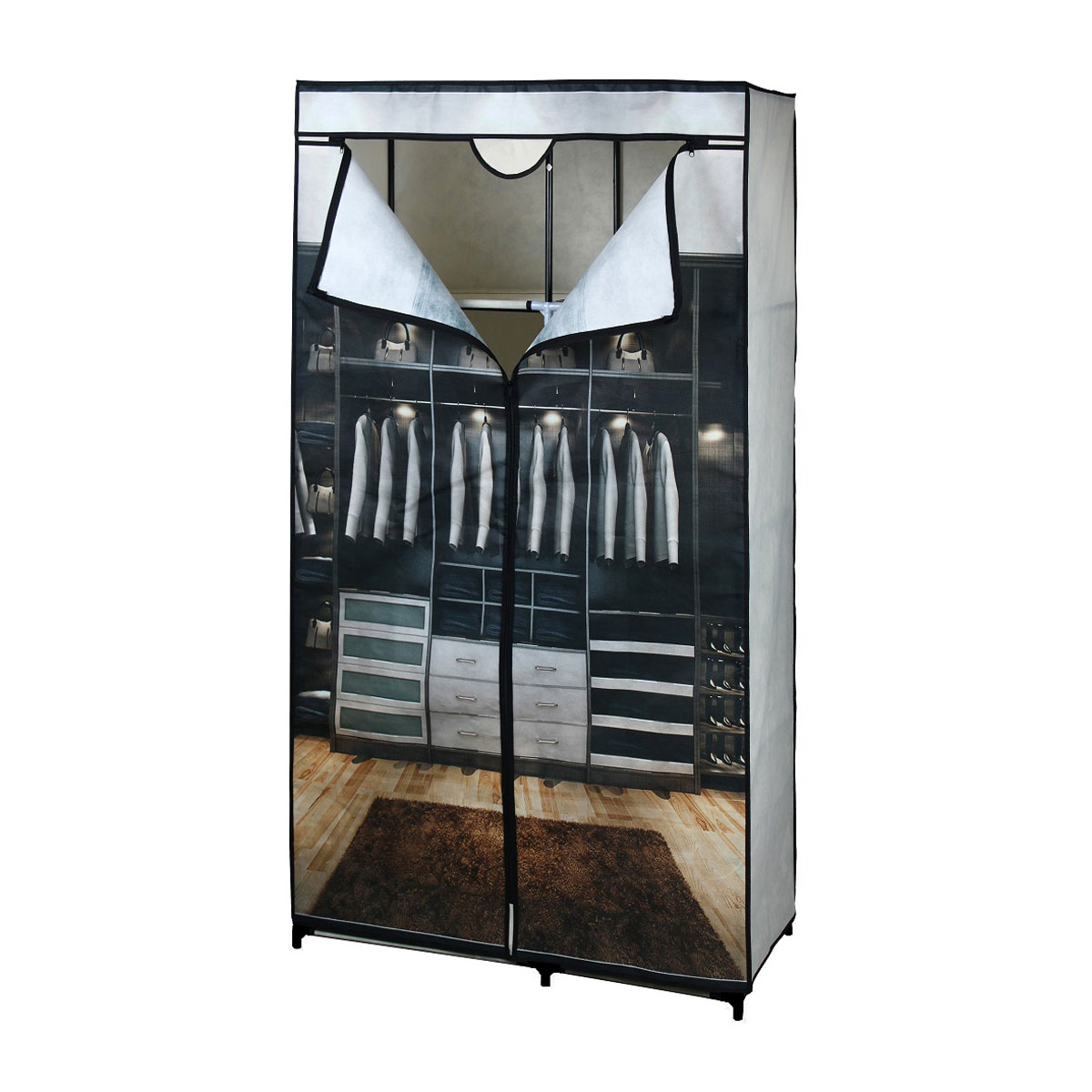 Гардеробная система хранения Miolla, 160 х 88 х 45 смS03301004 Гардеробная система хранения Miolla, 160 х 88 х 45 смS03301004Гардеробная система хранения Miolla - прекрасный вариант для хранения вещей.Изделие имеет каркас из железных трубок с напылением порошковой краской,обтянуто прочным чехлом из нетканого материала. Шкаф имеет две дверцы,которые закрываются на молнию. Шкаф легкий, быстро собирается иразбирается.Имеется перекладина для вешалок, 4 боковые полки и нижняя полка из ткани.Такой шкаф поможет аккуратно, практично и стильно хранить вещи. Прекраснаязамена громоздким и маловместительным гардеробам, которые невозможнопередвинуть самостоятельно.