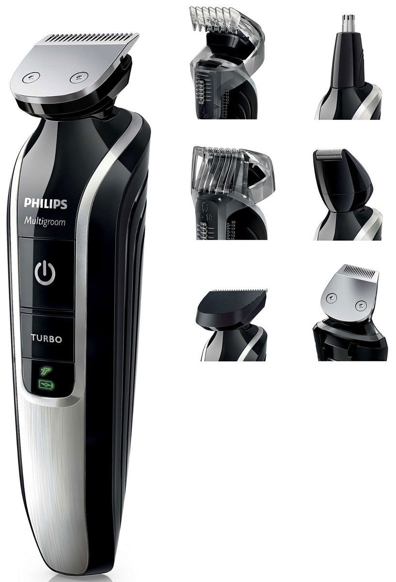 Philips QG3371/16 универсальный стайлер 7 в 1QG3371/16 Philips QG3371/16 универсальный стайлер 7 в 1QG3371/16Водонепроницаемый универсальный стайлер Philips QG3371/16 с турборежимом позволит создать завершенный образ. Полностью металлический триммер и 7 насадок в комплекте, включая регулируемые гребни с 18 установками длины, — все, что нужно для ухода за волосами на лице и голове. Создайте бороду нужной длины. Полноразмерный триммер оснащен гребнем для усов и бороды с 18 установками длины с шагом 1 мм (от 1 до 18 мм). После подравнивания триммером завершите свой стиль при помощи сетчатой бритвы для проработки деталей, чтобы создать безукоризненный образ. Создайте тонкие линии и проработайте детали, чтобы показать свой стиль, при помощи 20-мм точного триммера.Создайте идеально ровную щетину или четкий контур бороды — профессиональный результат благодаря мощному триммеру с металлическим корпусом. Простое и комфортное удаление волос в ушах и носу благодаря съемному поворотному триммеру. Создайте завершенную и идеально ровную стрижку при помощи этой 41-мм высококачественной машинки!Мощная батарея обеспечивает 50 минут автономной работы прибора после зарядки всего в течение 1 часа. Кроме того, машинка оснащена функцией быстрой зарядки в течение 5 минут, которой хватит на один сеанс бритья. Если заряд закончится во время стрижки, просто подключите прибор к розетке электросети. Быстрый результат на густых волосах можно получить при помощи турборежима, ускоряющего скорость стрижки.Взгляните на индикатор заряда, чтобы узнать о состоянии аккумулятора. Когда заряда останется на 10 минут работы, индикатор станет оранжевым. Во время зарядки индикатор мигает; а когда аккумулятор полностью заряжен, индикатор горит зеленым цветом.Стальные лезвия стайлера Philips QG3371/16 слегка касаются друг друга и таким образом затачиваются во время стрижки! Лезвия всегда остаются очень острыми и гарантируют быструю и аккуратную стрижку, а закругленные края и гребни предотвращают раздражение кожи. Благодаря водонепроницаемому корпусу этот универсальный стайлер можно промывать под струей воды — очистка становится еще проще.Philips заботится об окружающей среде и обществе и придерживается строгих экологических стандартов при разработке продуктов.