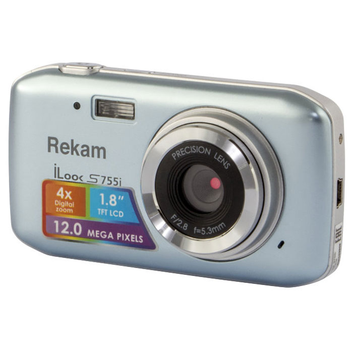 Rekam iLook S755i, Grey Silver цифровая фотокамера1108005122 Rekam iLook S755i, Grey Silver цифровая фотокамера1108005122Rekam iLook S755i - это компактный цифровой фотоаппарат, созданный для сохранения памяти о самых ярких моментах жизни. Матрица CMOS обладает максимальным разрешением в 12 мегапикселей. Снимки, сделанные при помощи этой фотокамеры, идеальны для печати и редактирования. Rekam iLook S755i позволяет снимать видео в высоком разрешении и обладает всем необходимым для съемки в нормальных условиях. Фото сохраняются на карте памяти SD или MMC объемом до 32 Гб. Камера оборудована несколькими режимами настройки баланса белого, в том числе и автоматический. Цветной дисплей 1.8 позволит вам детально увидеть объект фото- или видеосъемки.Баланс белого: авто / солнечно / пасмурно / флуоресцент / вольфрамАпертура/фокус: F2.8, f=5.3mm; 1.5 - бесконечностьКомпенсация экспозиции: ±2.0EVISO: автоАвтоспуск: 2 с,10 сВспышка: авто/принудительно/выкл.Зум: цифровой 4.0х