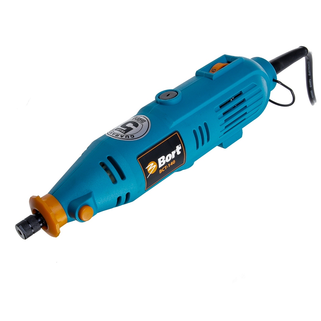 Гравер электрический Bort BCT-14098298 Гравер электрический Bort BCT-14098298Электрический гравер Bort BCT-140 - простой и удобный инструмент для шлифования, полирования, сверления и резки. Данный гравер идеально подходит для гравировки различных изделий. Мощность двигателя позволяет выполнять широкий спектр работ, а бесступенчатая регулировка скорости (от 8000 до 32500 об/мин) помогает подобрать необходимую скорость вращения для работы с различными материалами. Этот гравер имеет небольшой вес (всего 0,6 кг) и удобно ложится в руку, таким образом им комфортно работать продолжительное время на весу. В комплект входит набор из 40 насадок для цангового патрона на 3.2 мм, что увеличивает функциональность гравера, а блокировка шпинделя позволяет быстро сменить одну насадку на другую и продолжить работу.