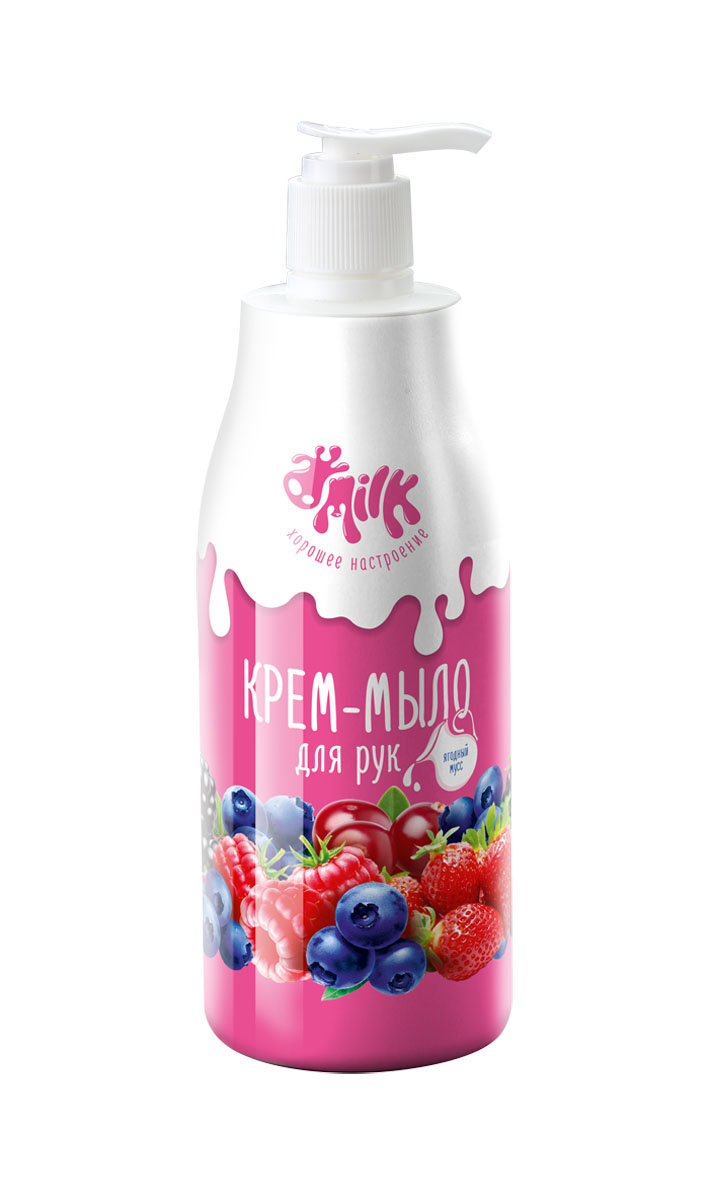 Milk Крем-мыло для рук Ягодный мусс, 500 мл09496 Milk Крем-мыло для рук Ягодный мусс, 500 мл09496Яркий флакон отличного настроения и бережного ухода! Мягкое крем-мыло заряжено жизнерадостной энергией и сочным миксом витаминов и натуральных ингредиентов. Благодаря экстракту молока и экстрактам черники, брусники, клюквы и ежевики Ваша кожа получает щедрую порцию увлажняющих и питательных микроэлементов, что позволяет защитить ее от вредного воздействия жесткой воды. Хорошего настроения!